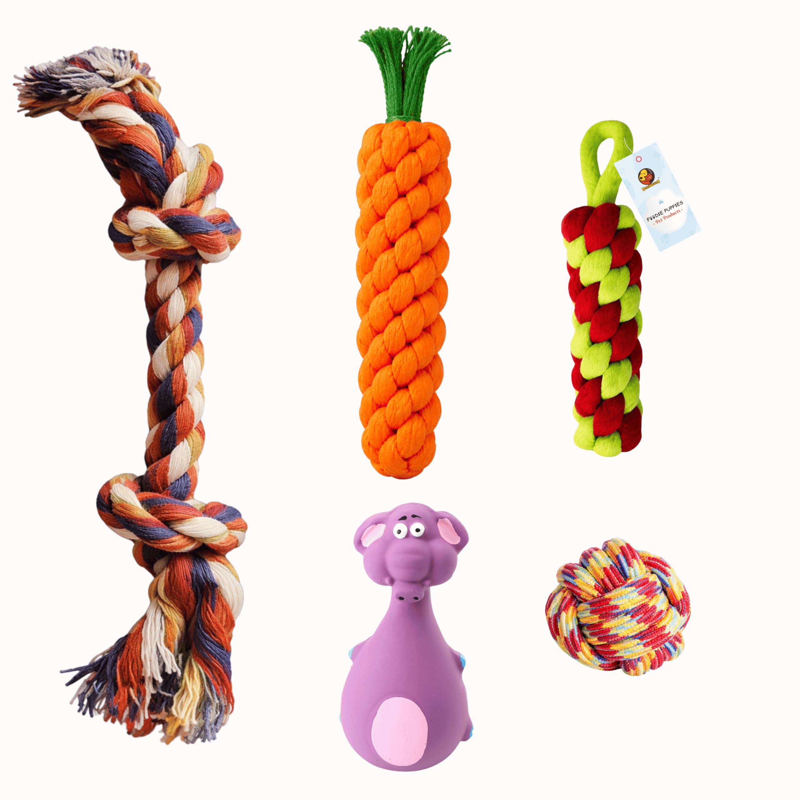 Foodie Puppies 5 In 1 Squeaky And Chew Rope Dog Toy Combo  (2Knot Rope + Cotton Ball + Carrot + Corn Stick + Purple Elephant) |