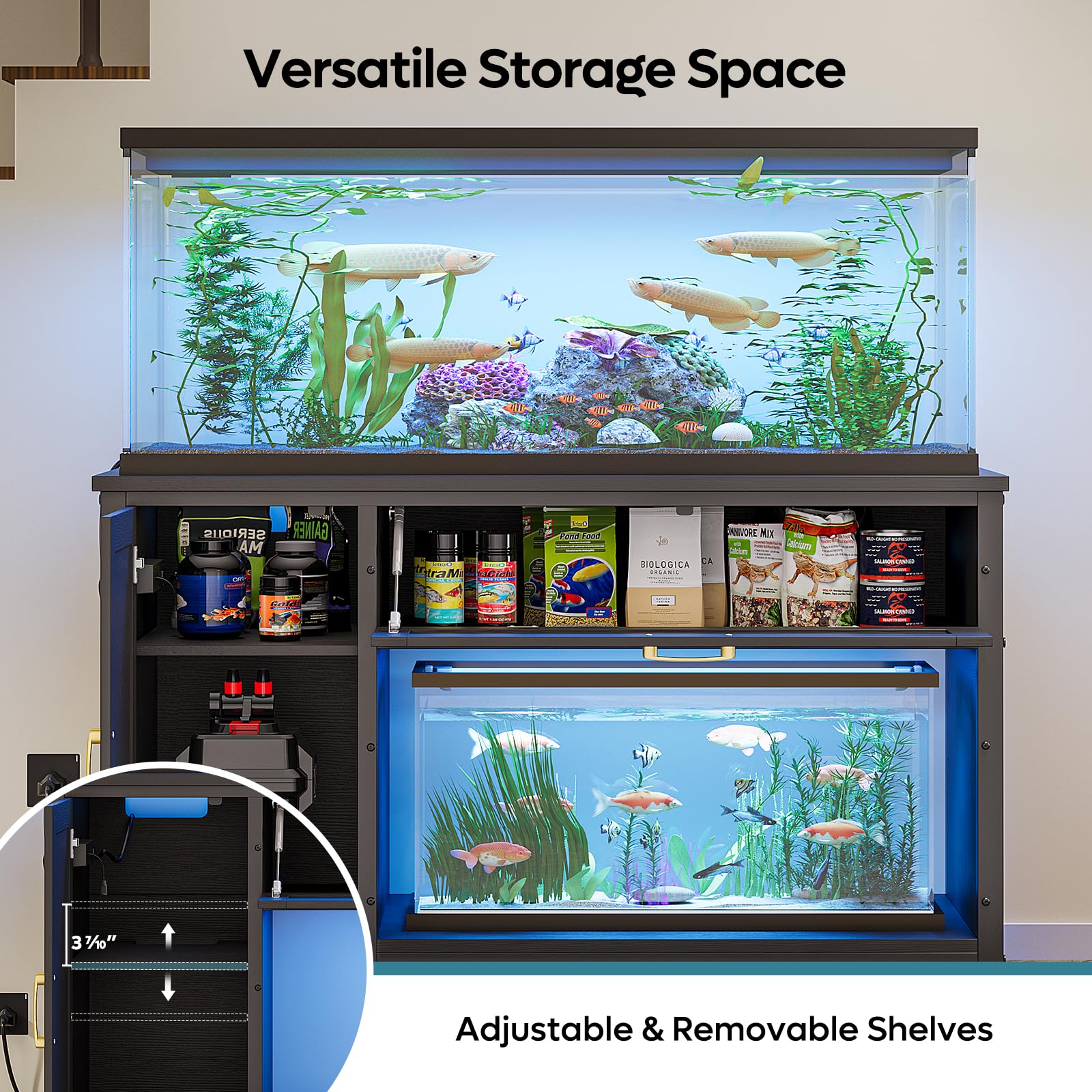 Bestier 55-75 Gallon Fish Tank Stand with Power Outlet&LED Light, 49x19 Heavy-Duty Metal Aquarium Stand with Cabinet&Drawer for