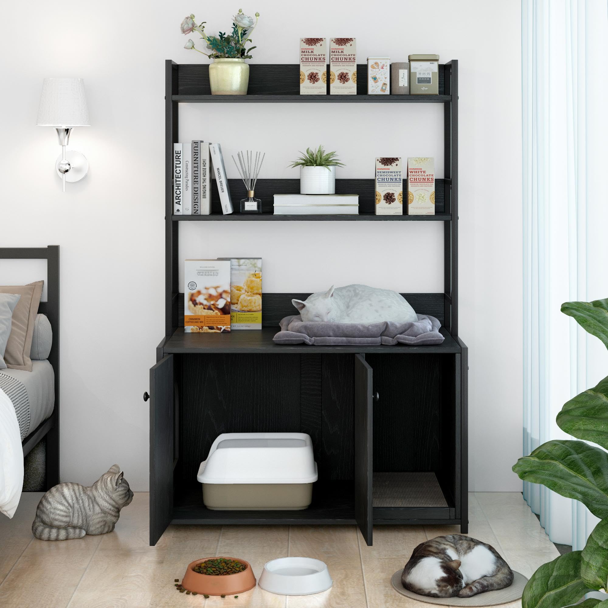 Litter Box Enclosure with 2 Storage Shelves Black Hidden Cat Litter Box Furniture with Scratch Pad, Indoor Cat House Kitty Box W