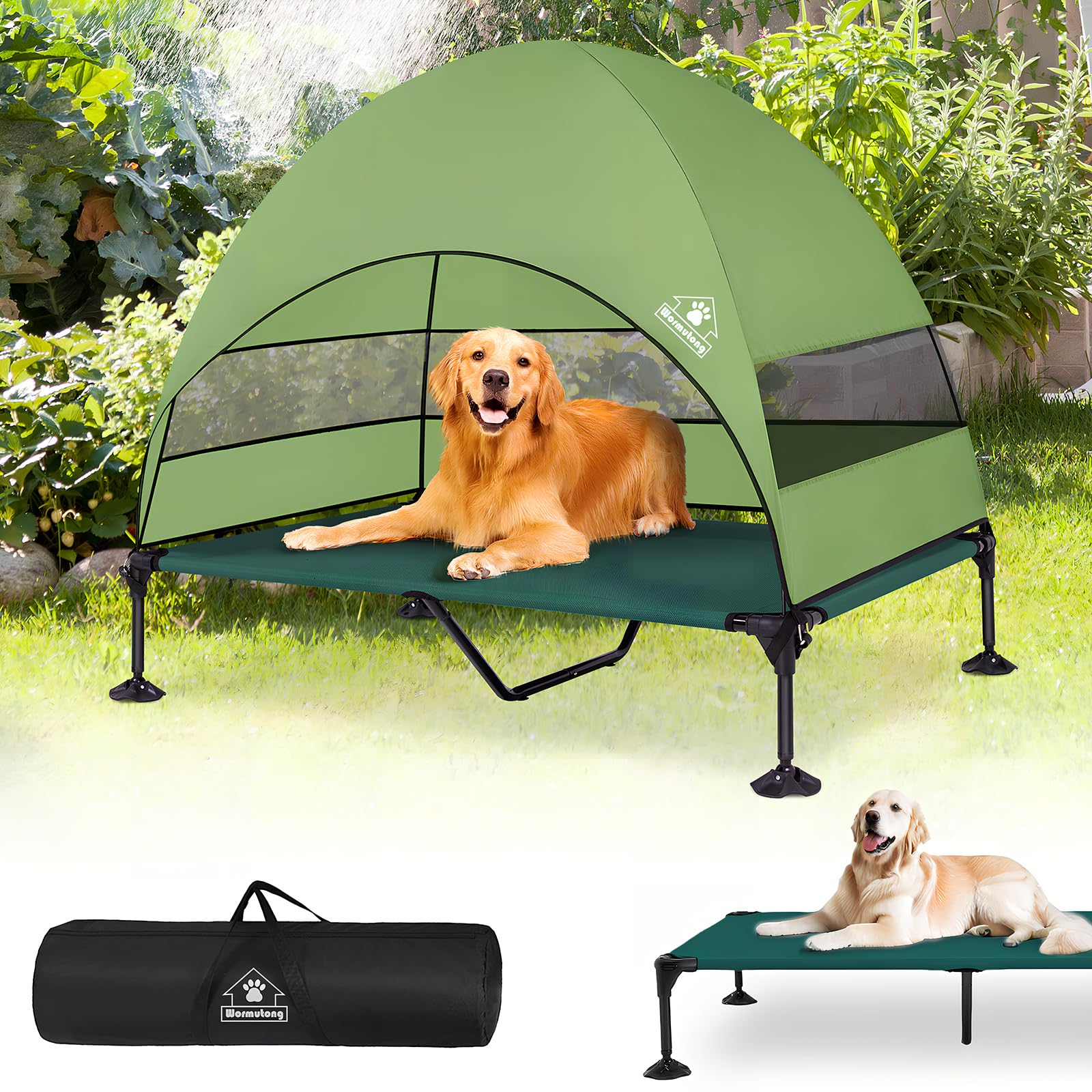 Elevated Outdoor Dog Bed With Canopy, Raised Dog Cot With Stable Adjustable Feet, Dog Camping Bed With Larger Shade, Lifted Dog 