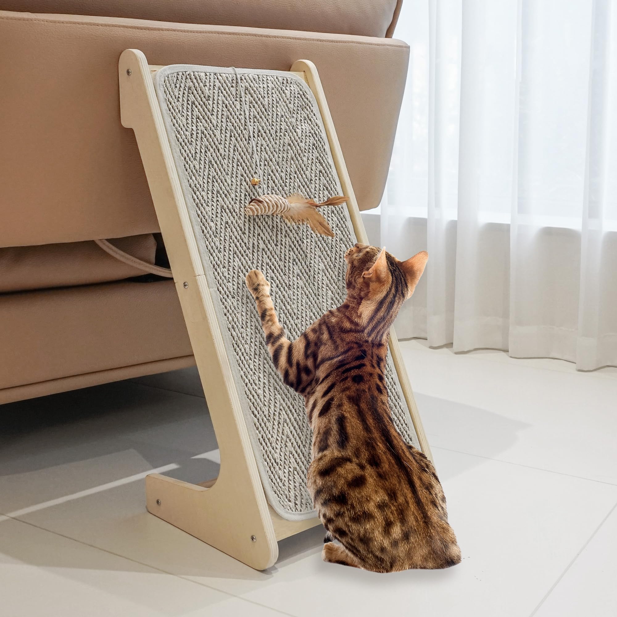 PETKARAY Cat Scratcher, Sisal Cat Scratching Ramp, L Shape Scratch Board for Indoor Kitty, 27 Wall Furniture Protector with Mous