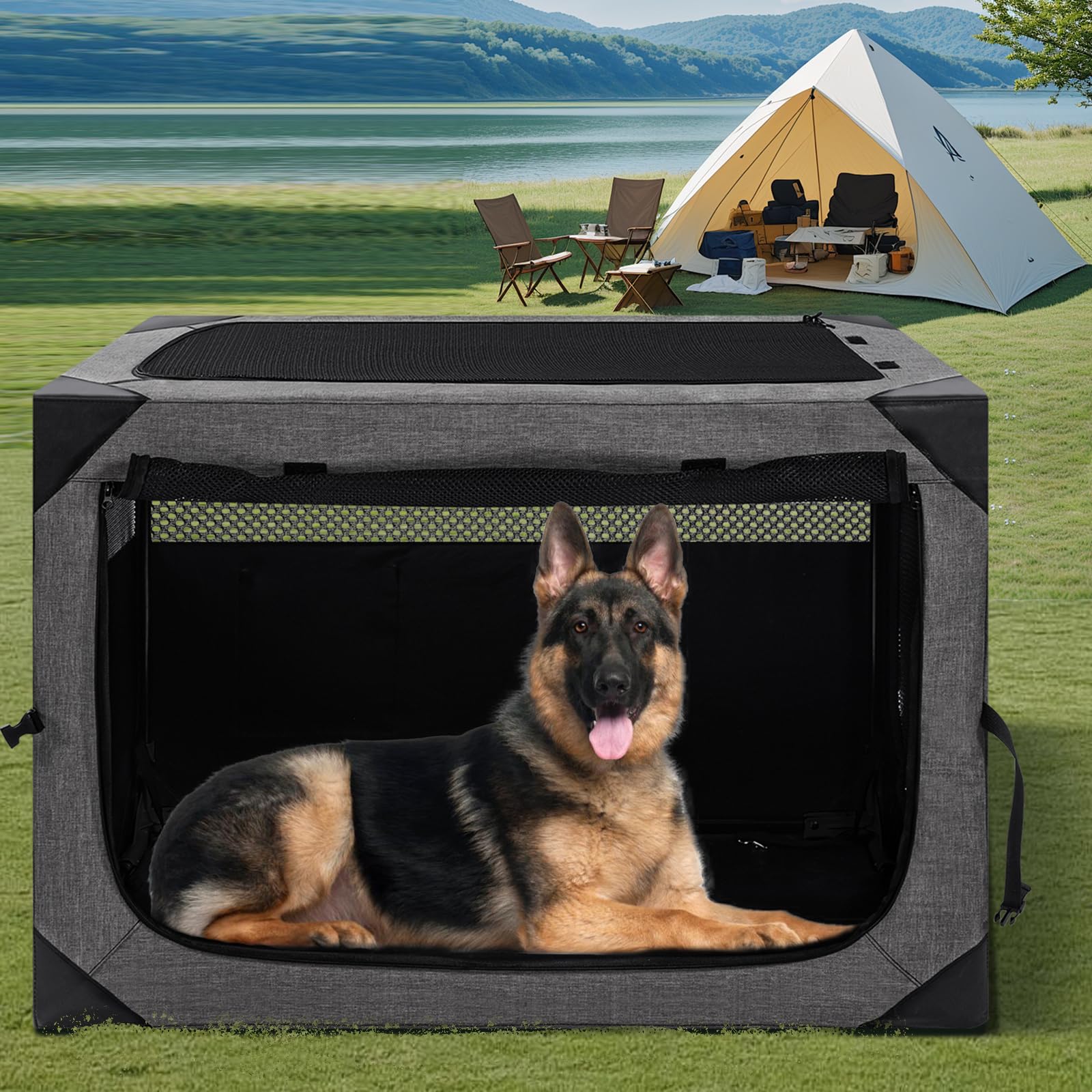 Outtsp 36 Inch Portable Travel Dog Crate, 3 Door Collapsible Soft Pet Kennel with Durable Mesh Windows for Medium Dogs, Foldable