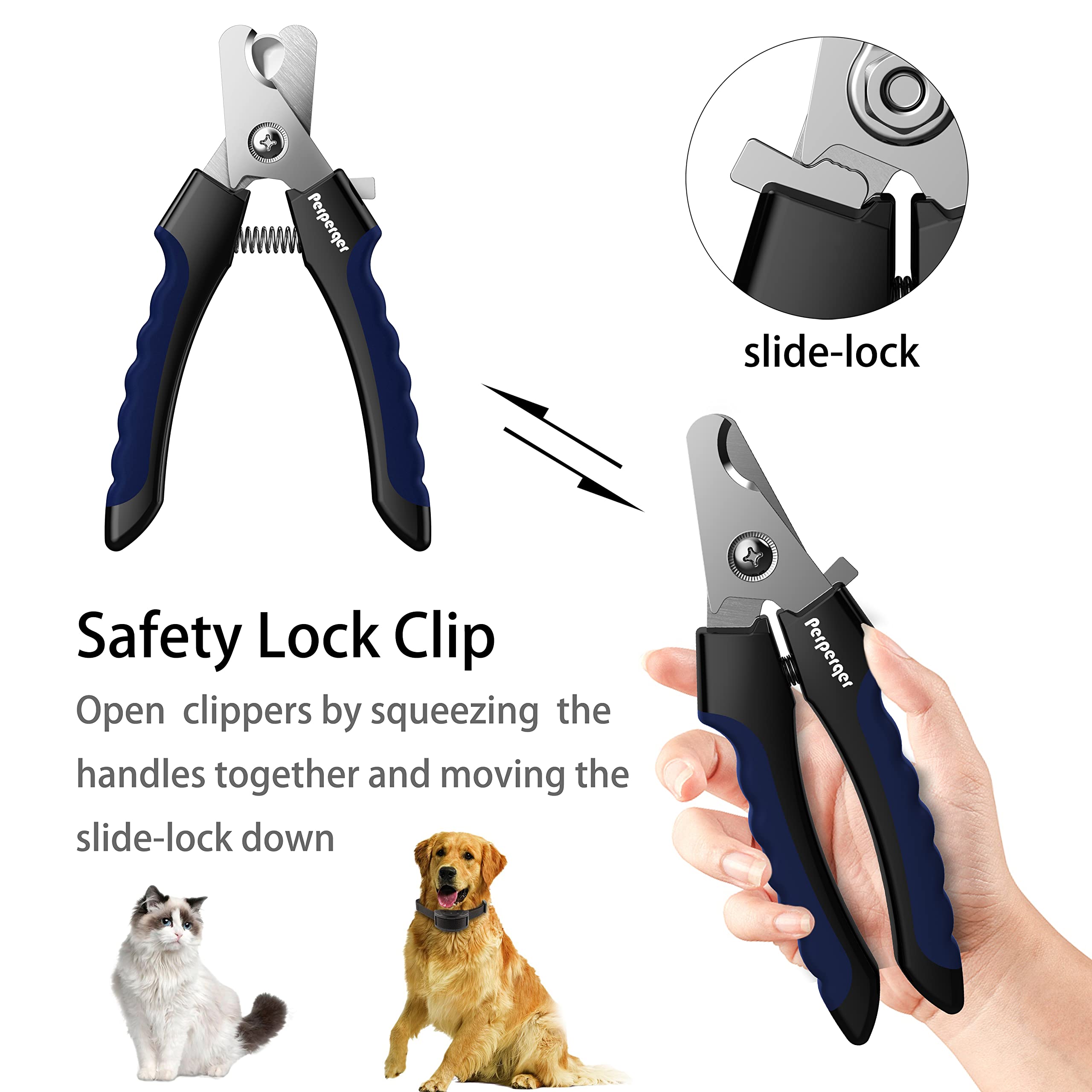 Perperqer Dog Nail Clippers - Stainless Steel Trimmers with Safety Guard for All Breeds, Navy, Model PC20230320