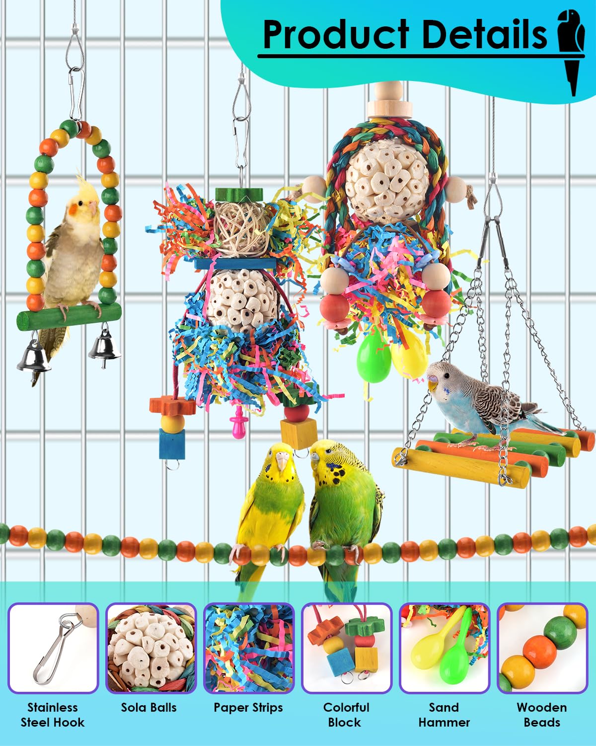 Bissap Conure Toys, 5 Pcs Parrot Foraging Shredder Hanging Toys Sola Balls With Sand Hammer Perch Swing Climbing Ladder For Smal