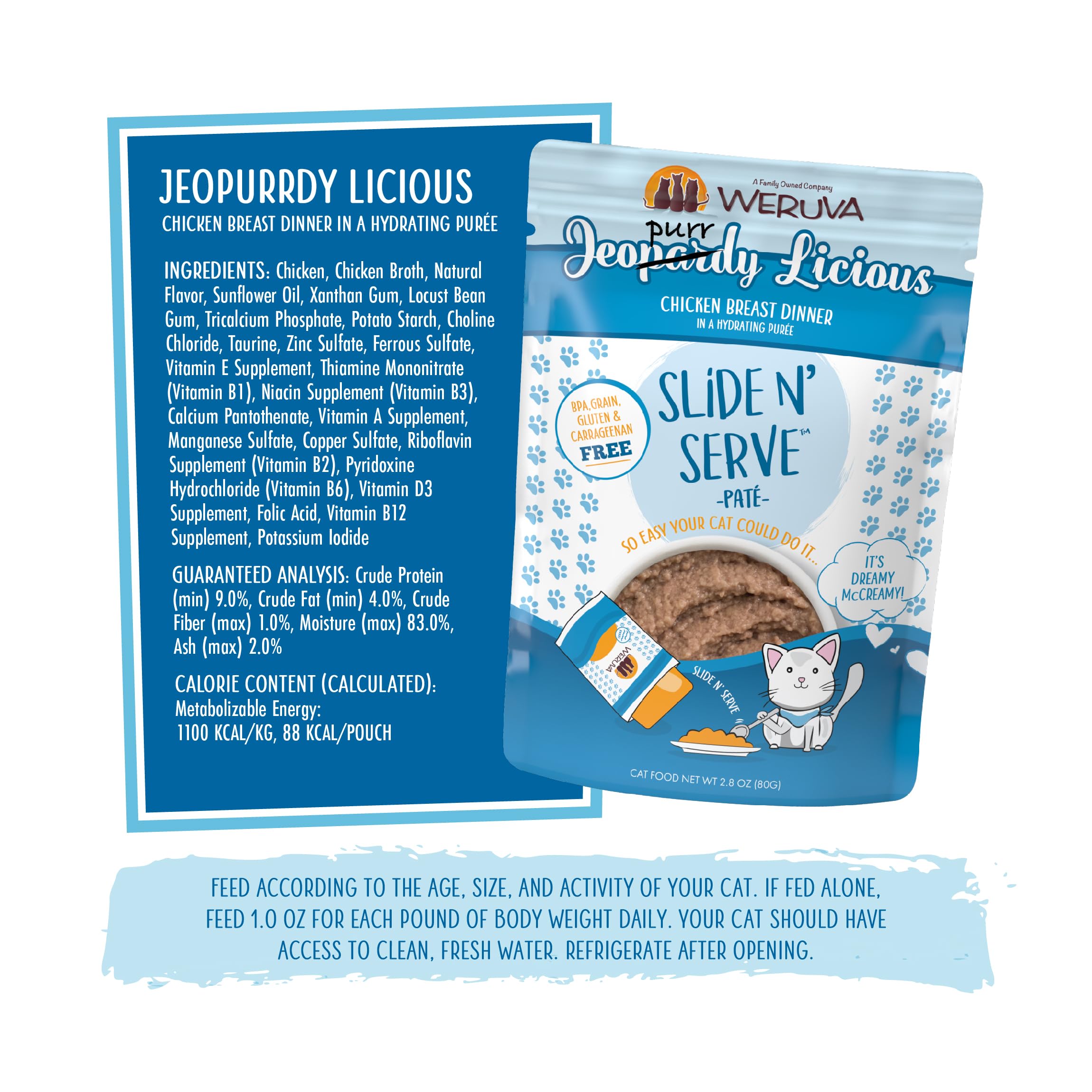Weruva Slide N Serve Pat   Wet Cat Food, Jeopurrdy Licious Chicken Dinner, 2.8oz Pouch (Pack of 12)