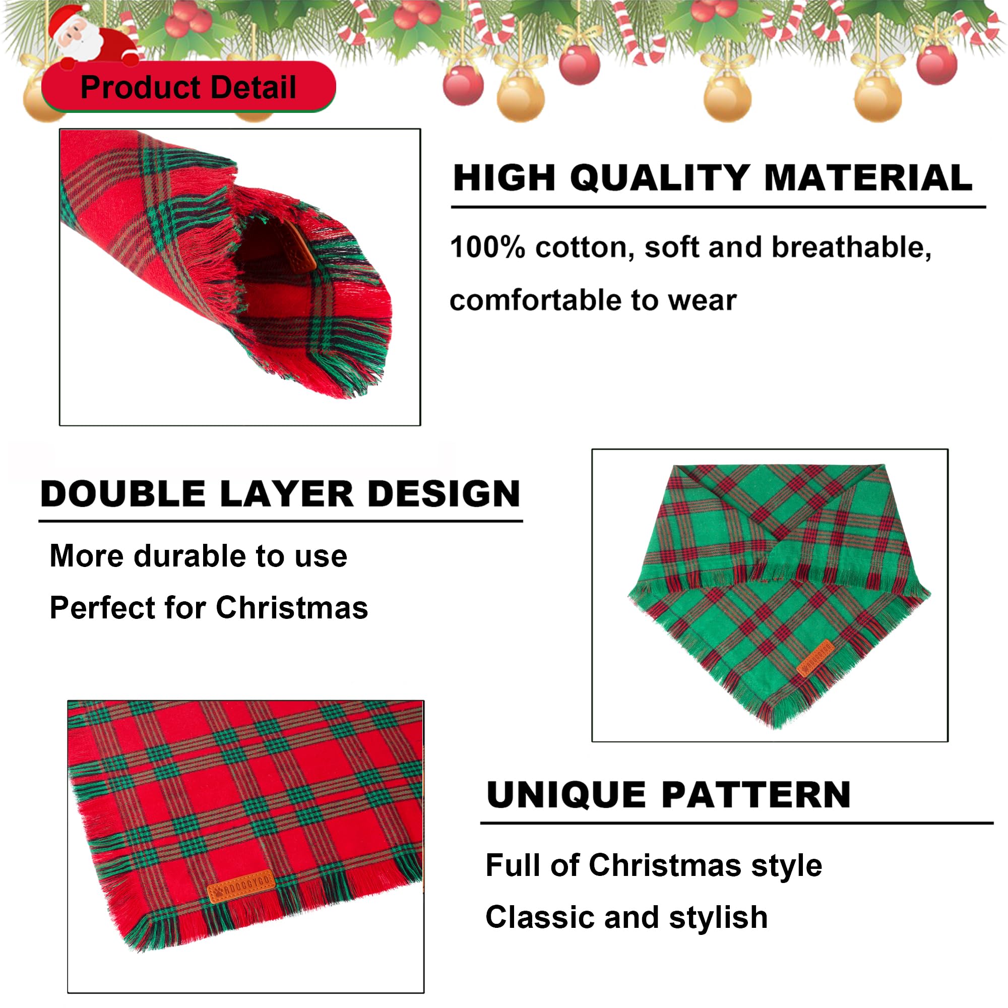 Adoggygo Christmas Dog Bandanas With Tassels Edges, Red Green Plaid Dog Christmas Scarf Bib, Multiple Sizes Offered, Christmas Bandanas For Large And Extra Large Dogs Pets (Christmas-2, X-Large)