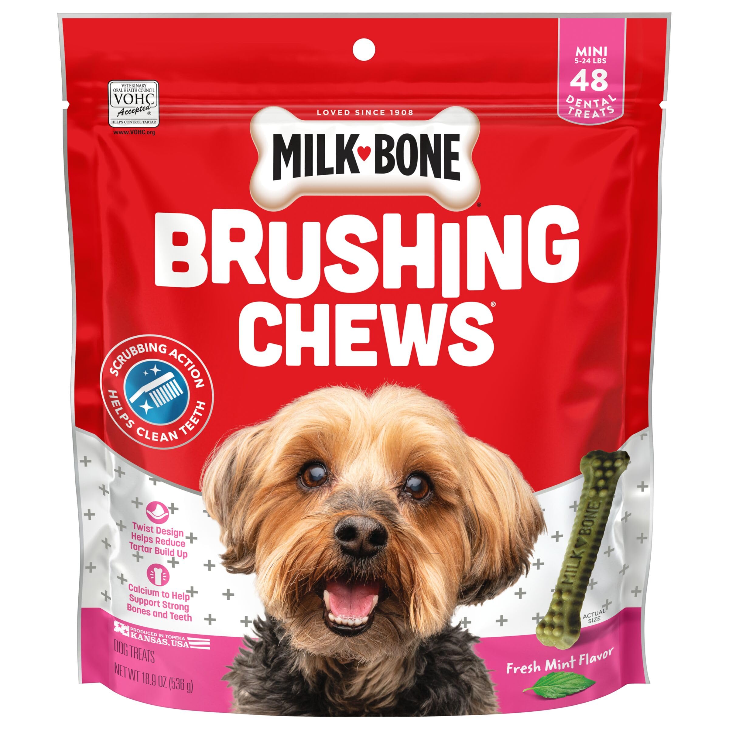 Milk-Bone Fresh Breath Brushing Chews, 48 Mini Daily Dental Dog Treats Scrubbing Action Helps Clean Teeth