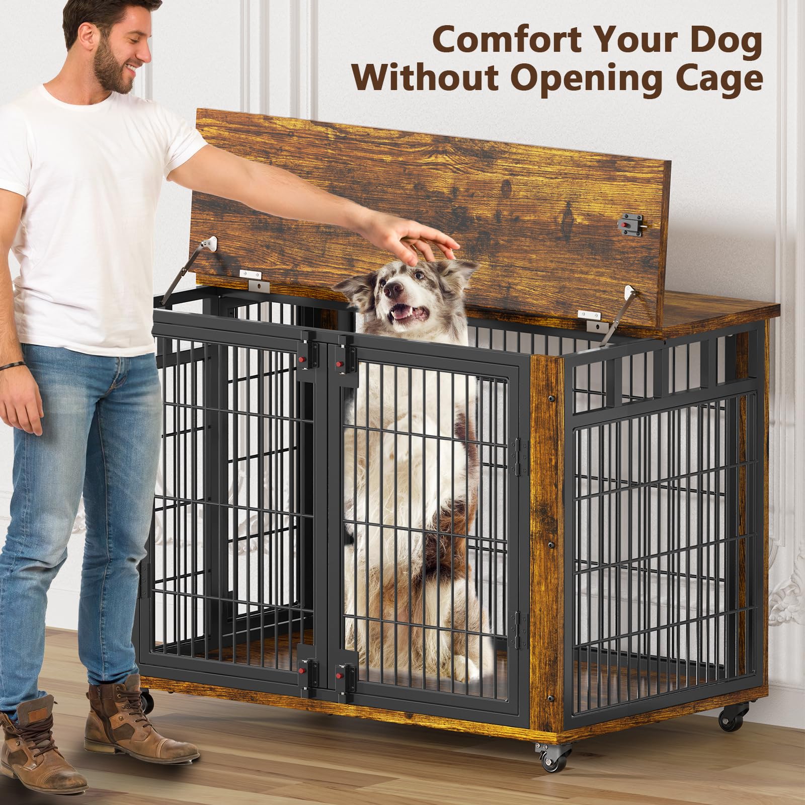 EasyCom 90% Pre-Assembled 41 Moveable XL Dog Crate, Large Dog Crate Furniture with Top-Access Teasing/Feeding Doors, Chew-Resist