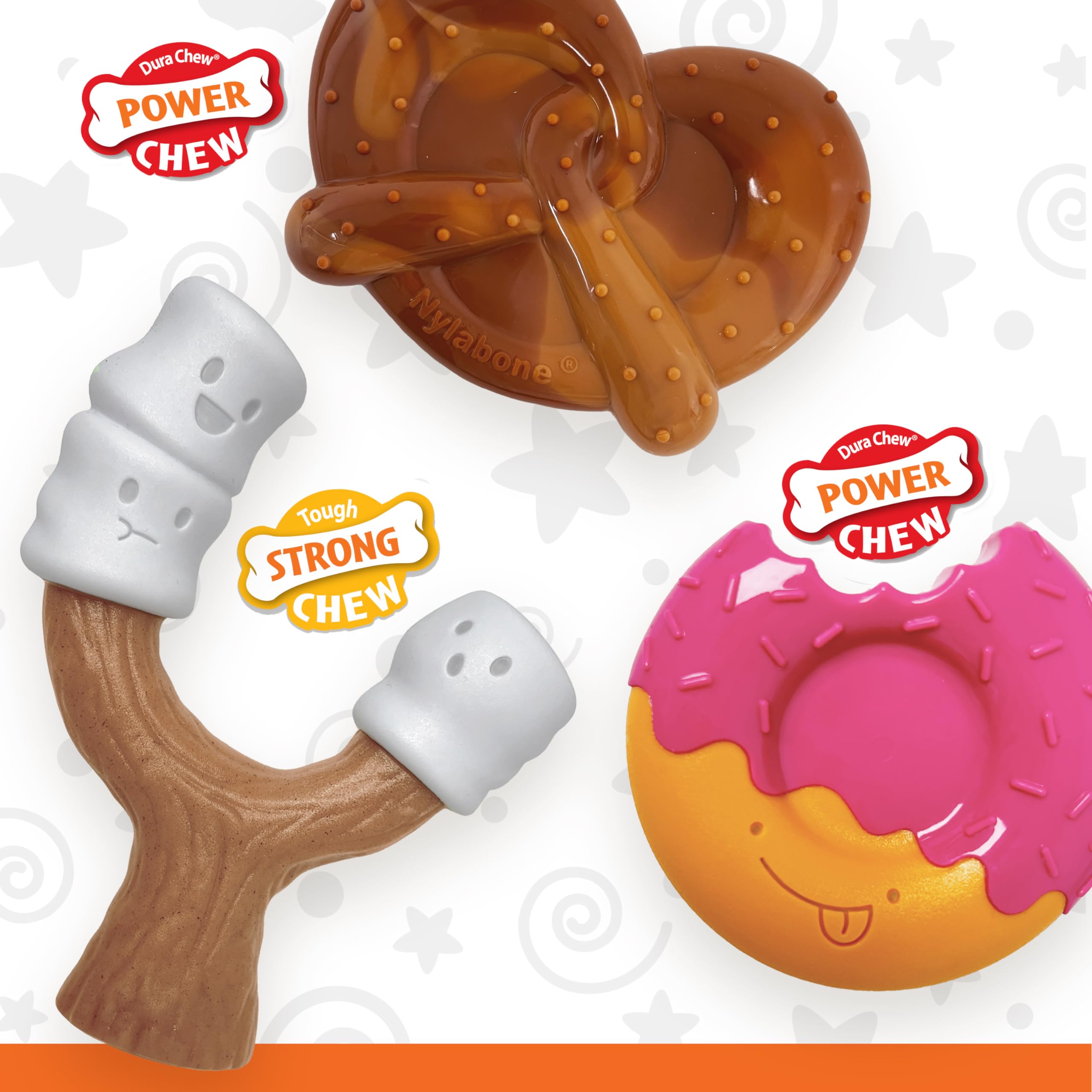 Nylabone Power Chew Toy Bundle, Cute Dog Toys for Aggressive Chewers, Bacon Glazed, Toasted Marshmallow, and Peanut Butter Flavo