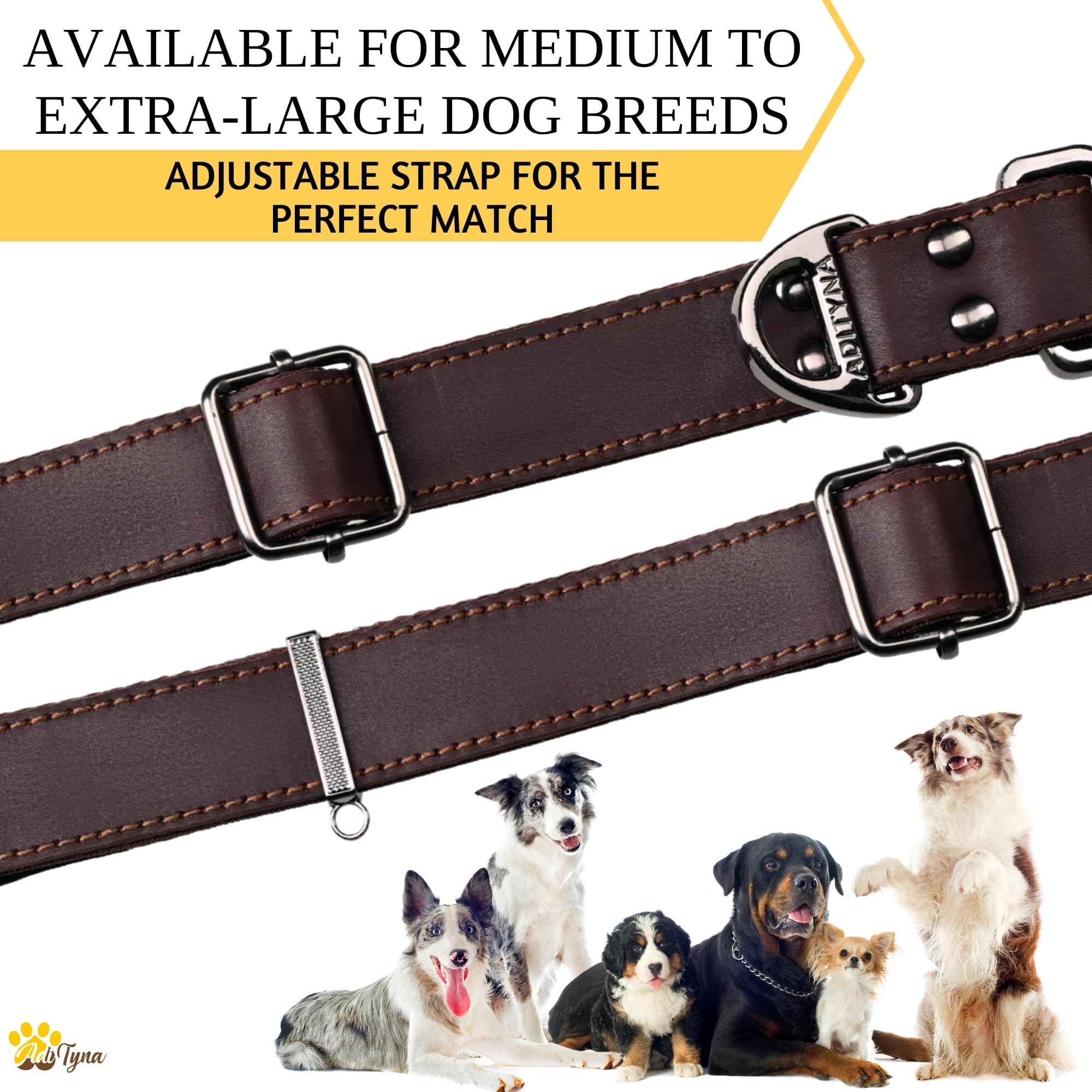 ADITYNA Heavy-Duty Leather Dog Collar with Metal Buckle - Adjustable for Medium & Large Dogs, Brown, Fits 15-21 Necks