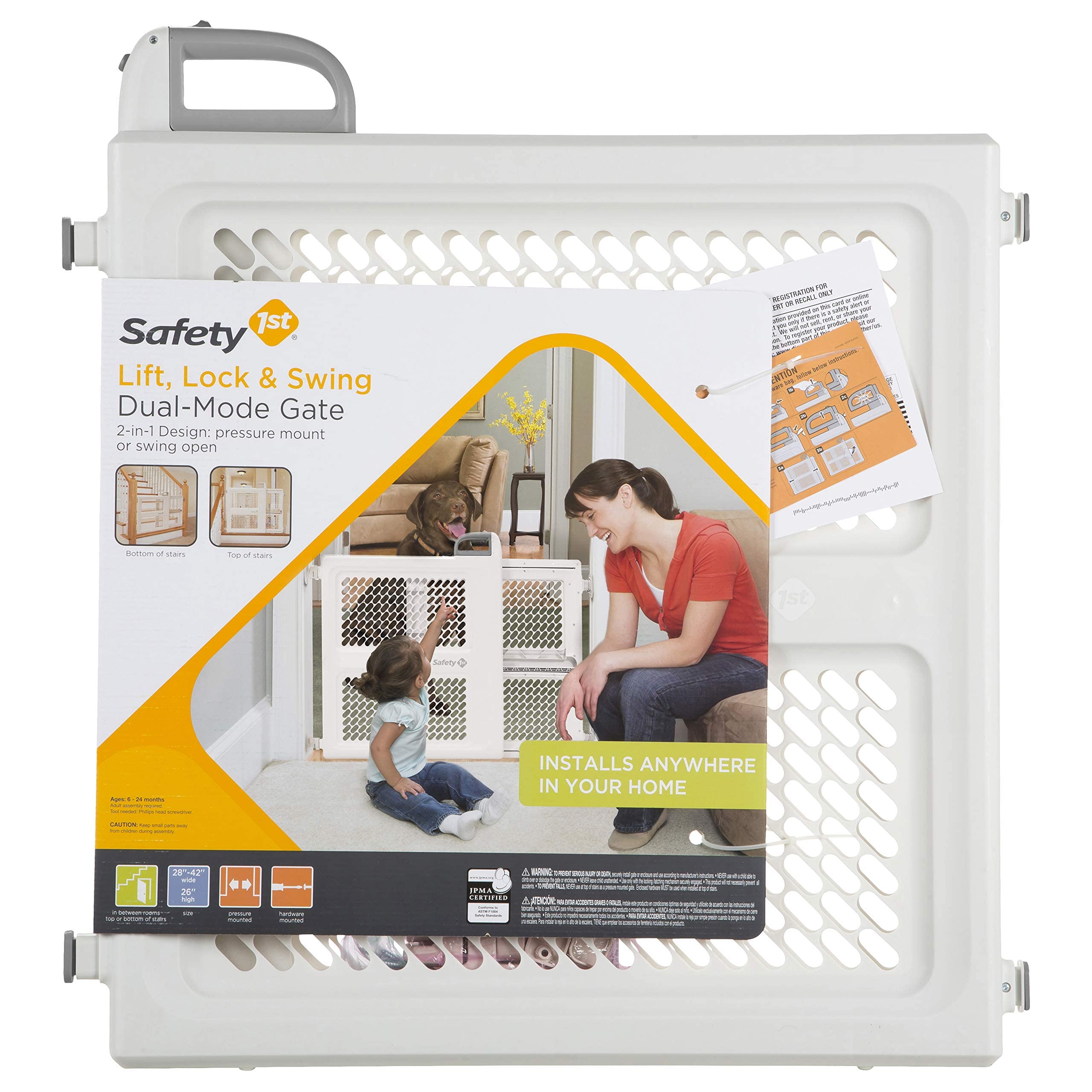 Safety 1st Baby Gates for Doorways, Pressure Mount Lift, Lock and Swing, Dog Gates, Hardware Gate for Stairs, Fits 28-42 Wide