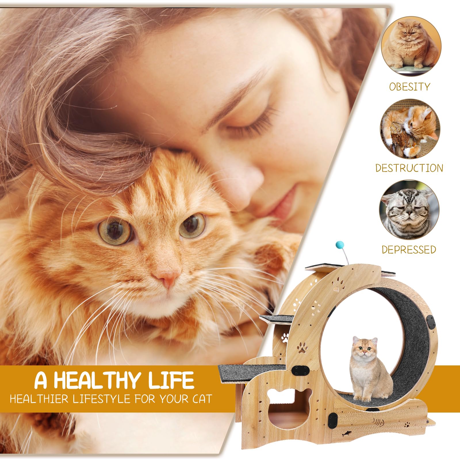 Upgraded Cat Wheel Exerciser For Indoor,Large Cats Treadmill,Cats Running Wheel With Silent Wheels,Loss Weight Device (Wood)