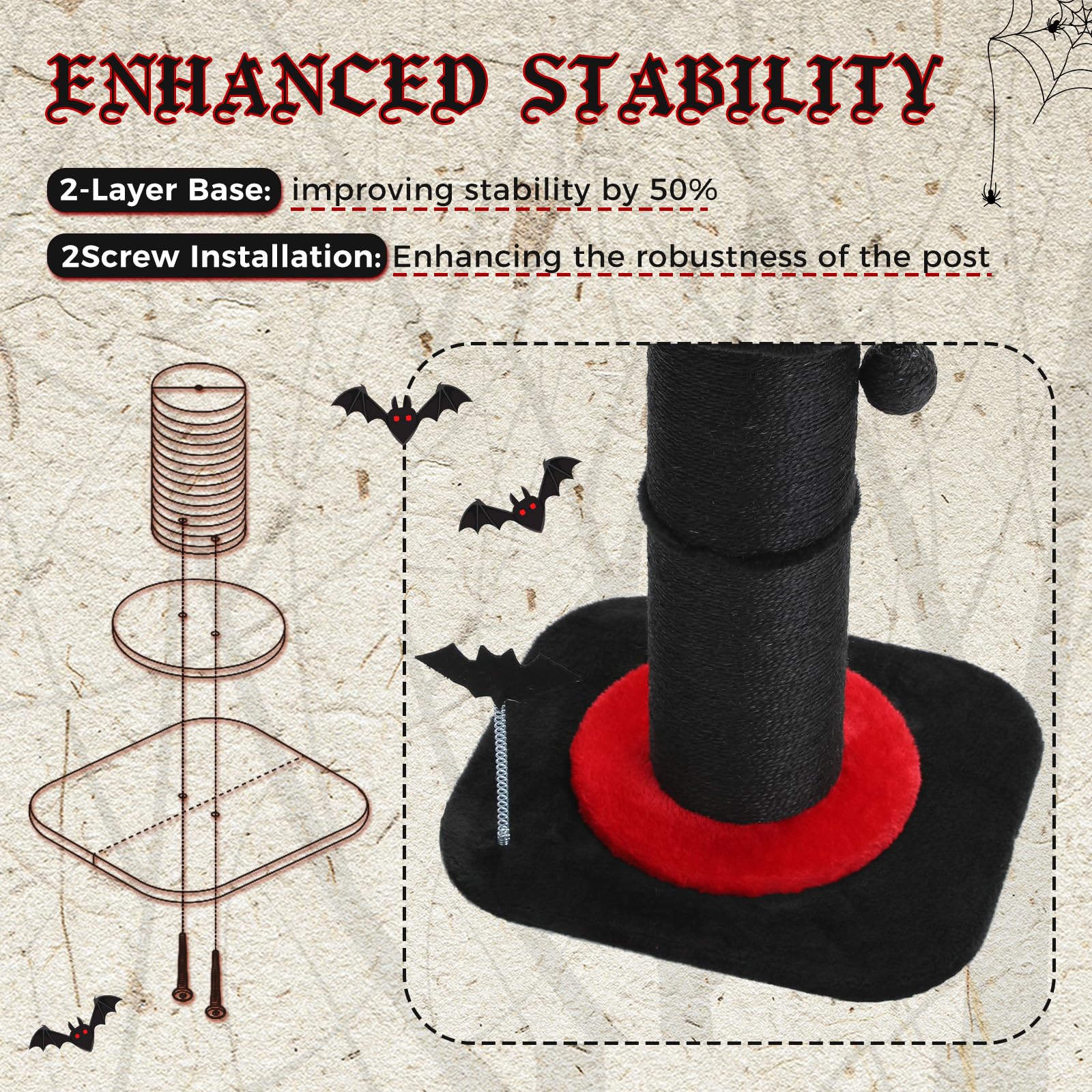 Pequlti Cat Scratching Post, Gothic Cat Tree, Tall Scratcher For Indoor Cats With Super Thick Scratching Post [Dia=5.5''], Remov