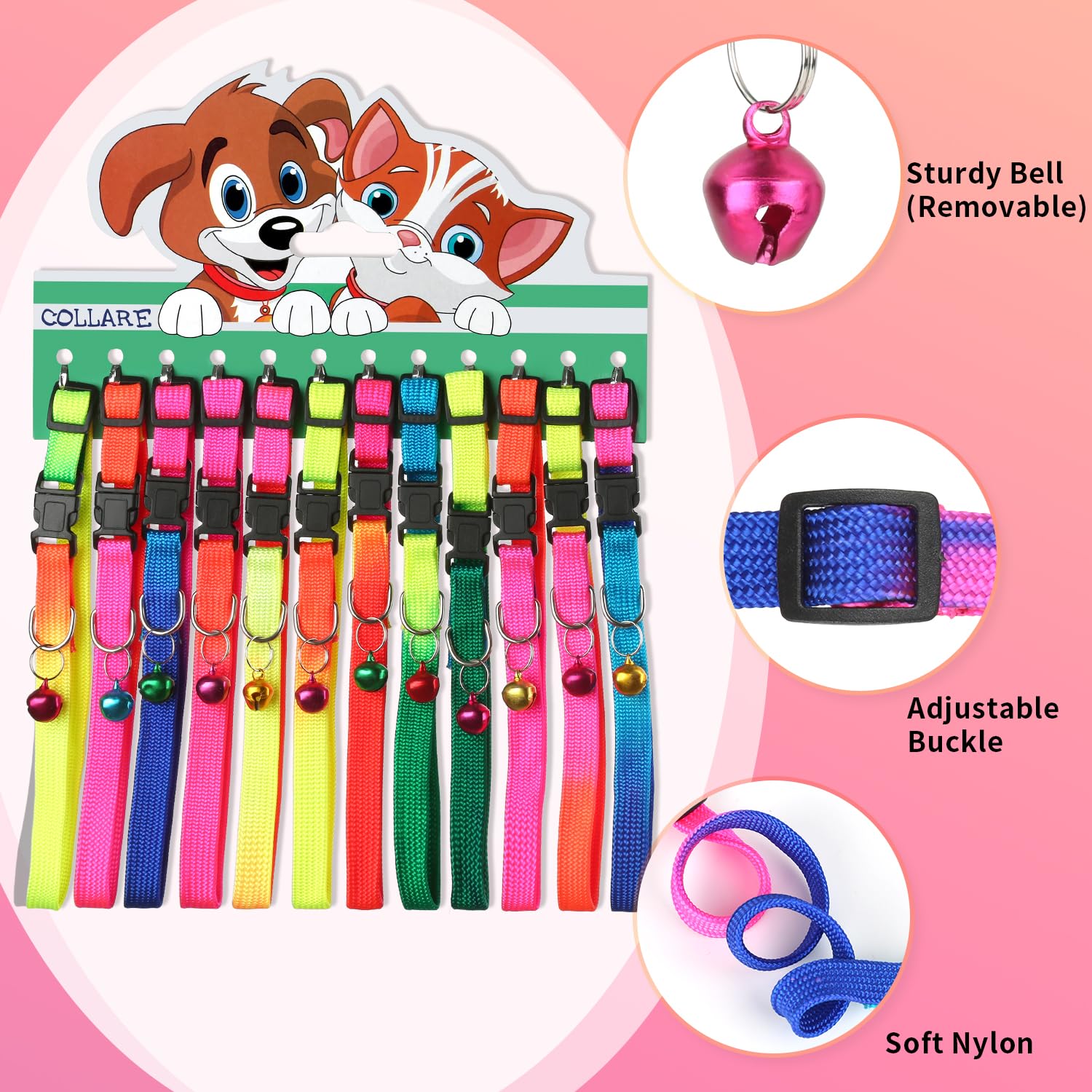 Hypeety Cat Dog Collar Personalized Adjustable Colorful Rainbow with Bell 12 Pcs Cat Collars (12PCS/Pack)