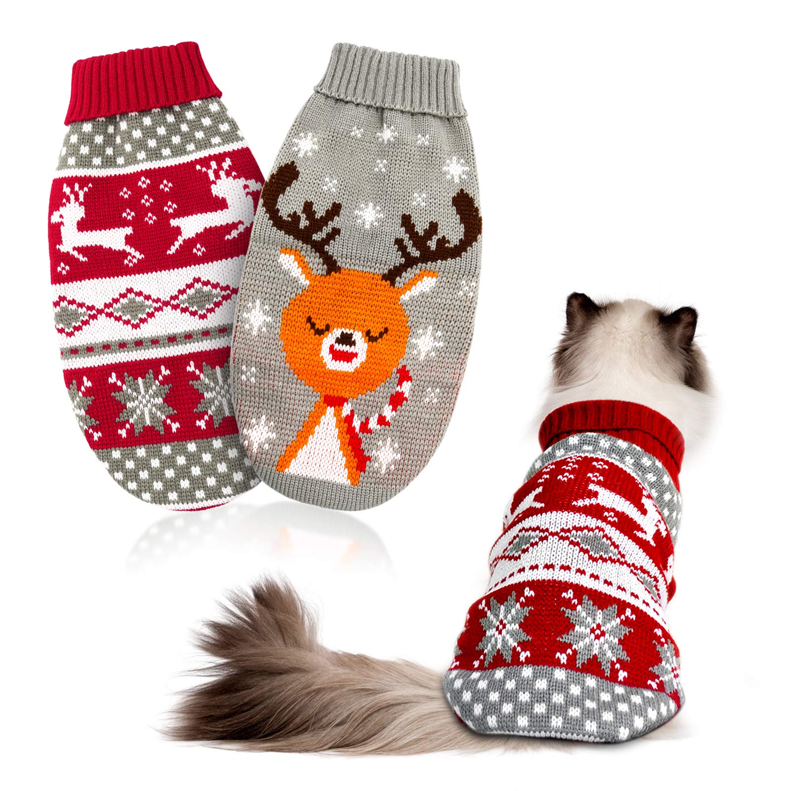 Hylyun Cat Christmas Sweater 2 Packs - Puppy Christmas Sweater Pet Reindeer Snowflake Sweaters For Kittys And Small Dogs Xs