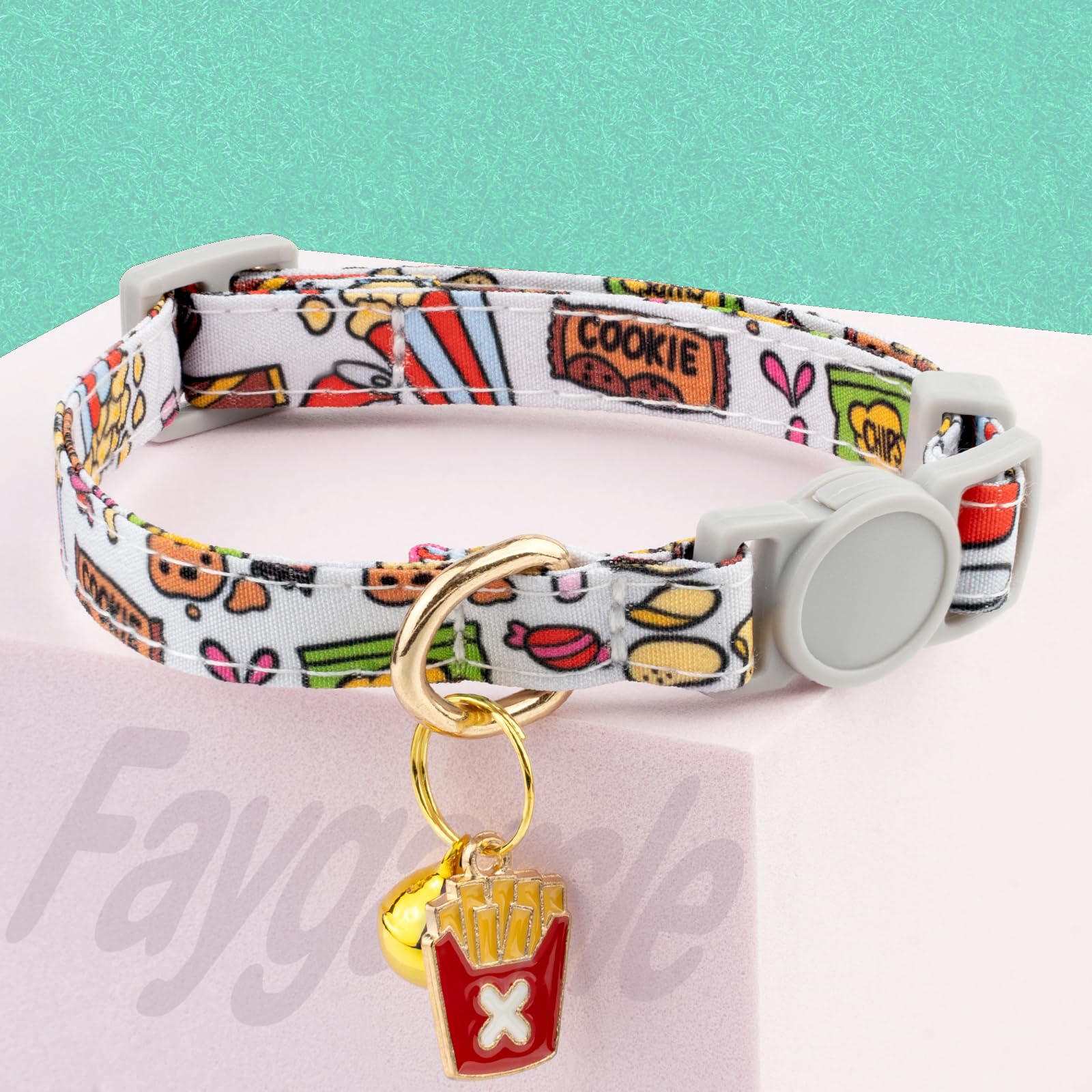 Faygarsle 2 Pack Breakaway Cat Collar With Bells For Female Malel Cats Cute Blue White Collar With Pizza Fries Charm For Cats