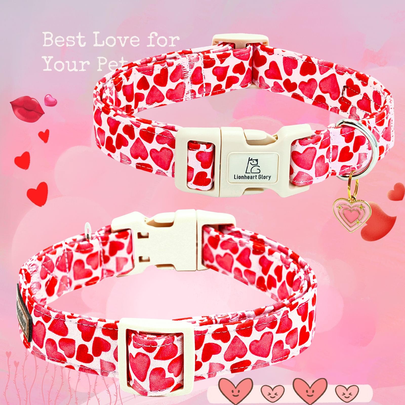 Lionheart Glory Valentine Collar, Red Hearts Dog Collar For Small Cute Dog Collars Spring Female Pet Gift Adjustable Heavy-Duty