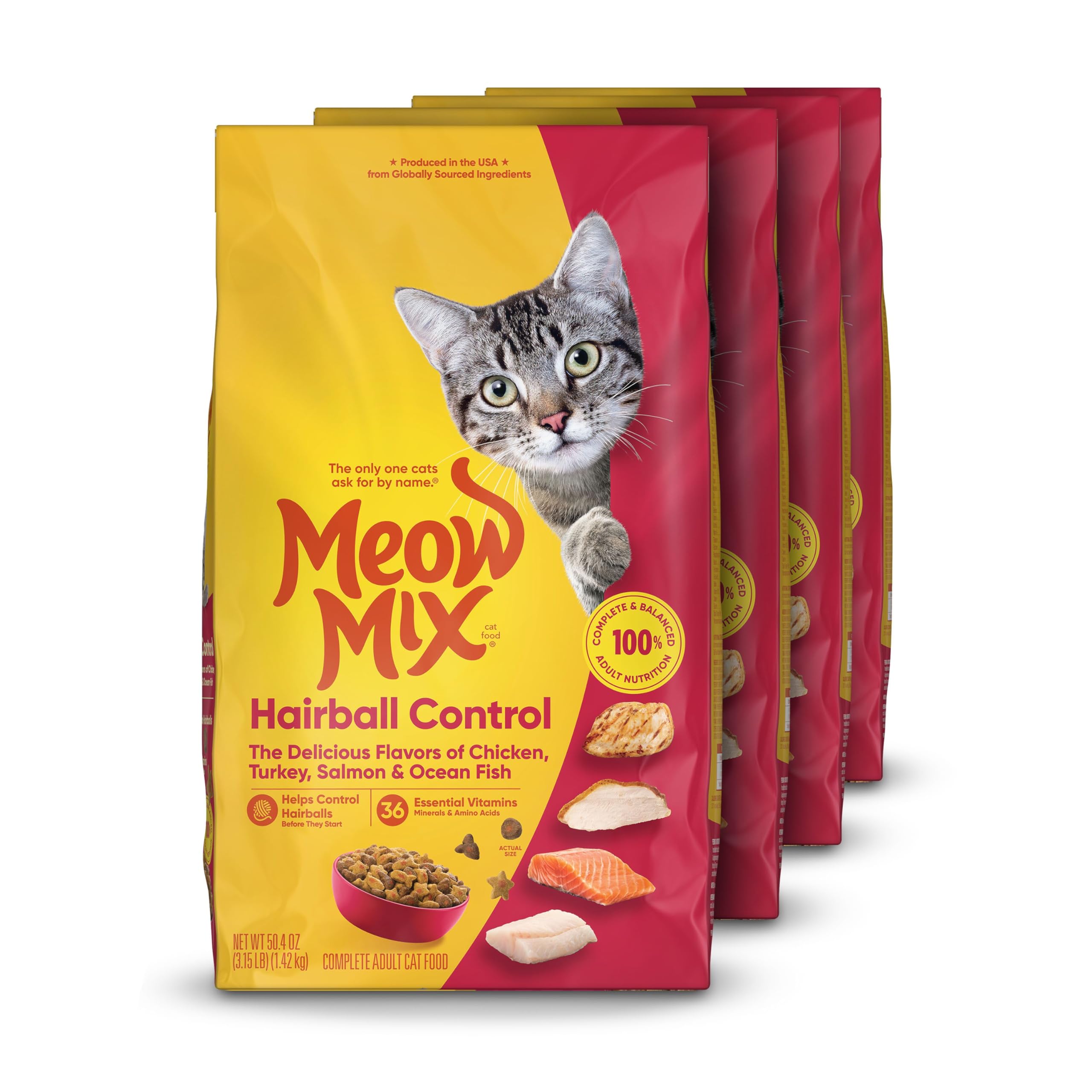 Meow Mix Hairball Control Dry Cat Food, 3.15 Pound Bag (Pack of 4)