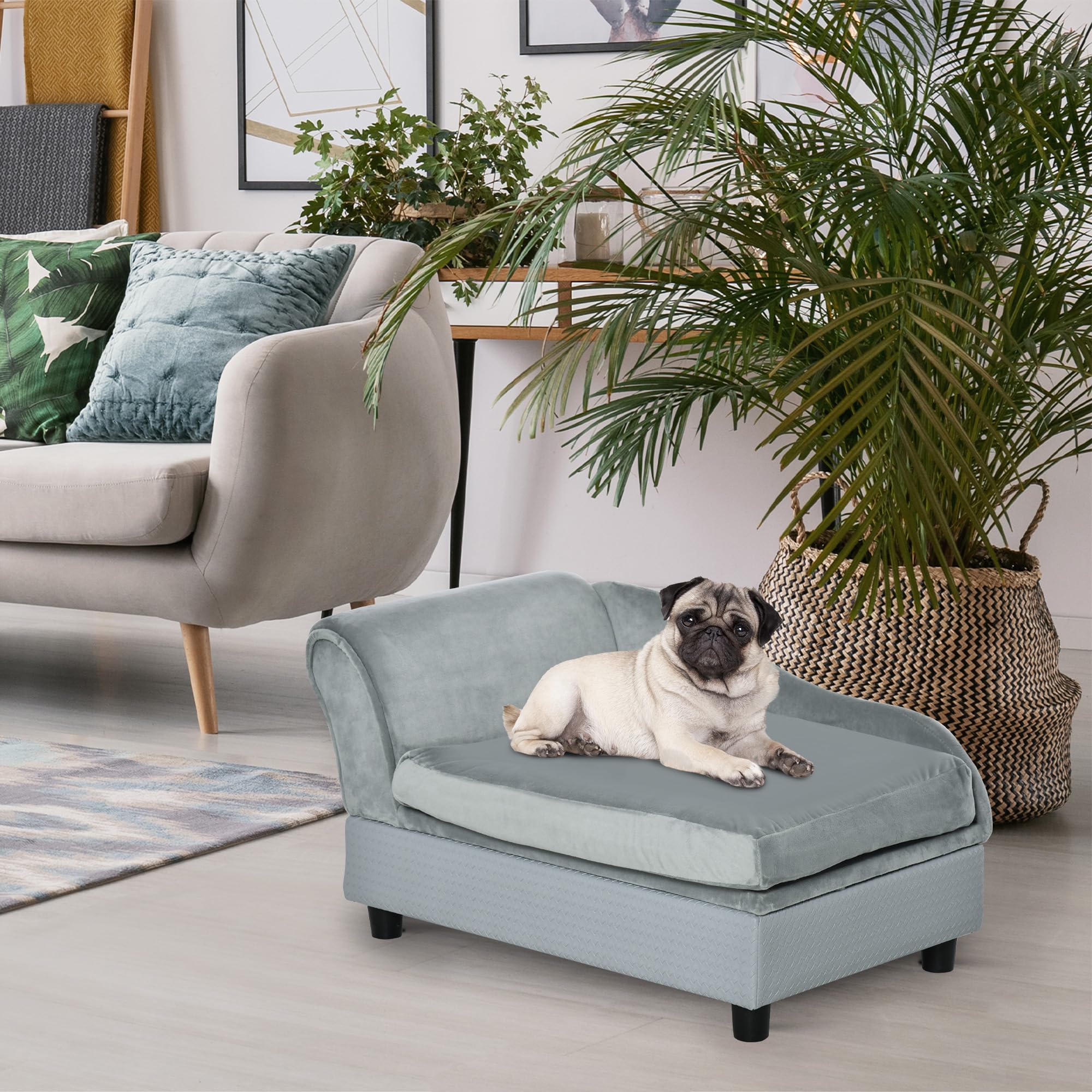 Pawhut Luxury Fancy Dog Bed For Small Dogs With Hidden Storage, Small Dog Couch With Soft 2' Foam, Dog Sofa Bed, Cushy Dog Bed, Modern Pet Furniture For Puppies And Little Breeds, Pale Gray