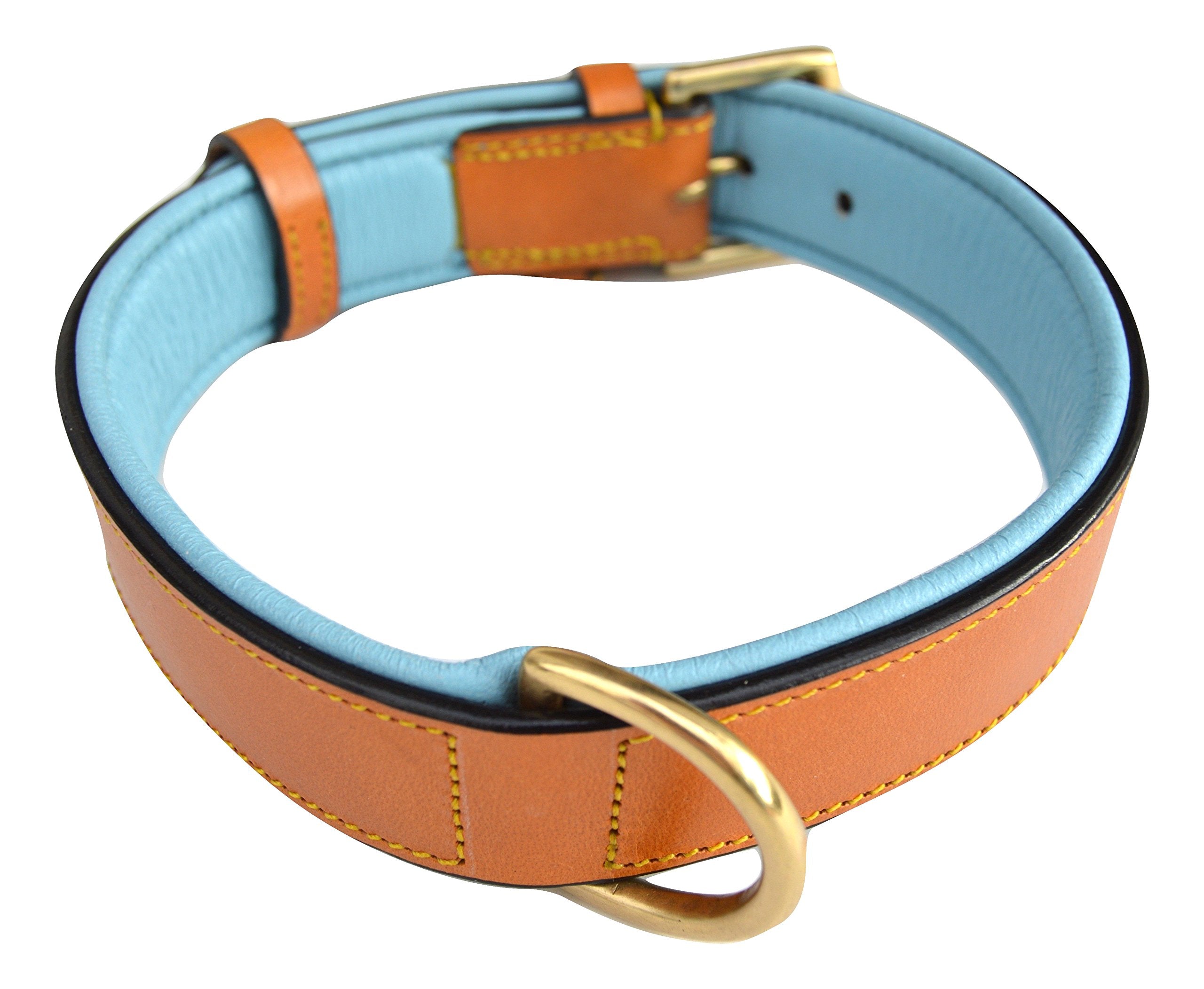 Soft Touch Collars Leather Padded Dog Collar, Large 24" x 1.5", Tan/Teal, Genuine Leather for Neck Size 18" to 21"