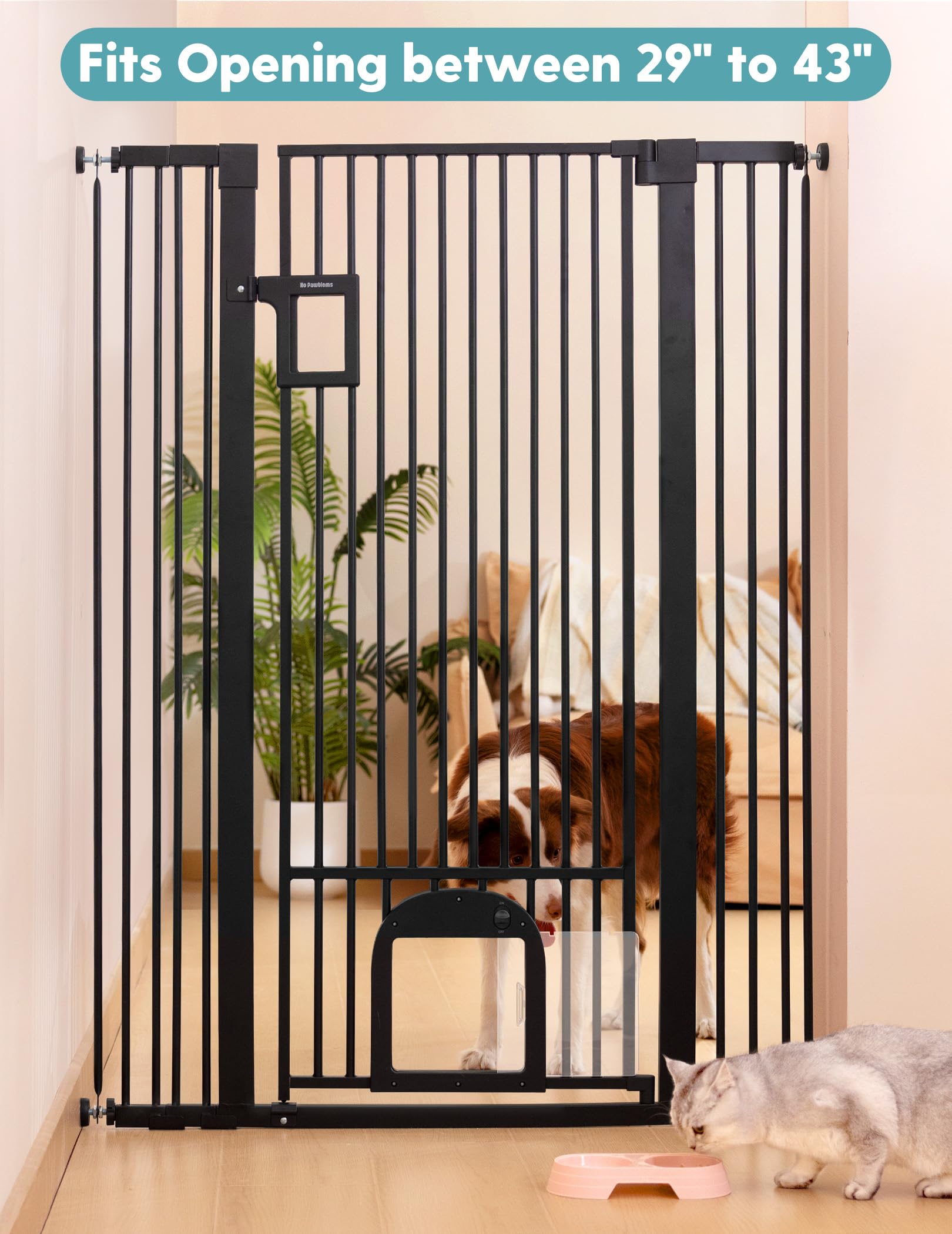 No Pawblems 55 Extra Tall Pet Gate with Adjustable Cat Door, 29-43 Auto Close Dog Gate, NO Drilling Pressure Mounted for Doorway