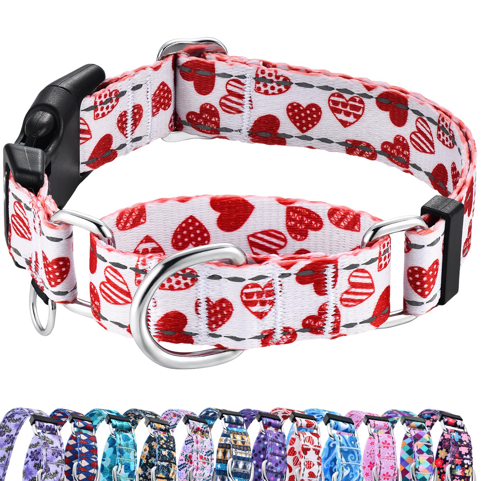 Fidohug Valentines Reflective Martingale Collar For Dogs With Quick Release Buckle Cute Girl No Pull Dog Collars (Red Heart, Med