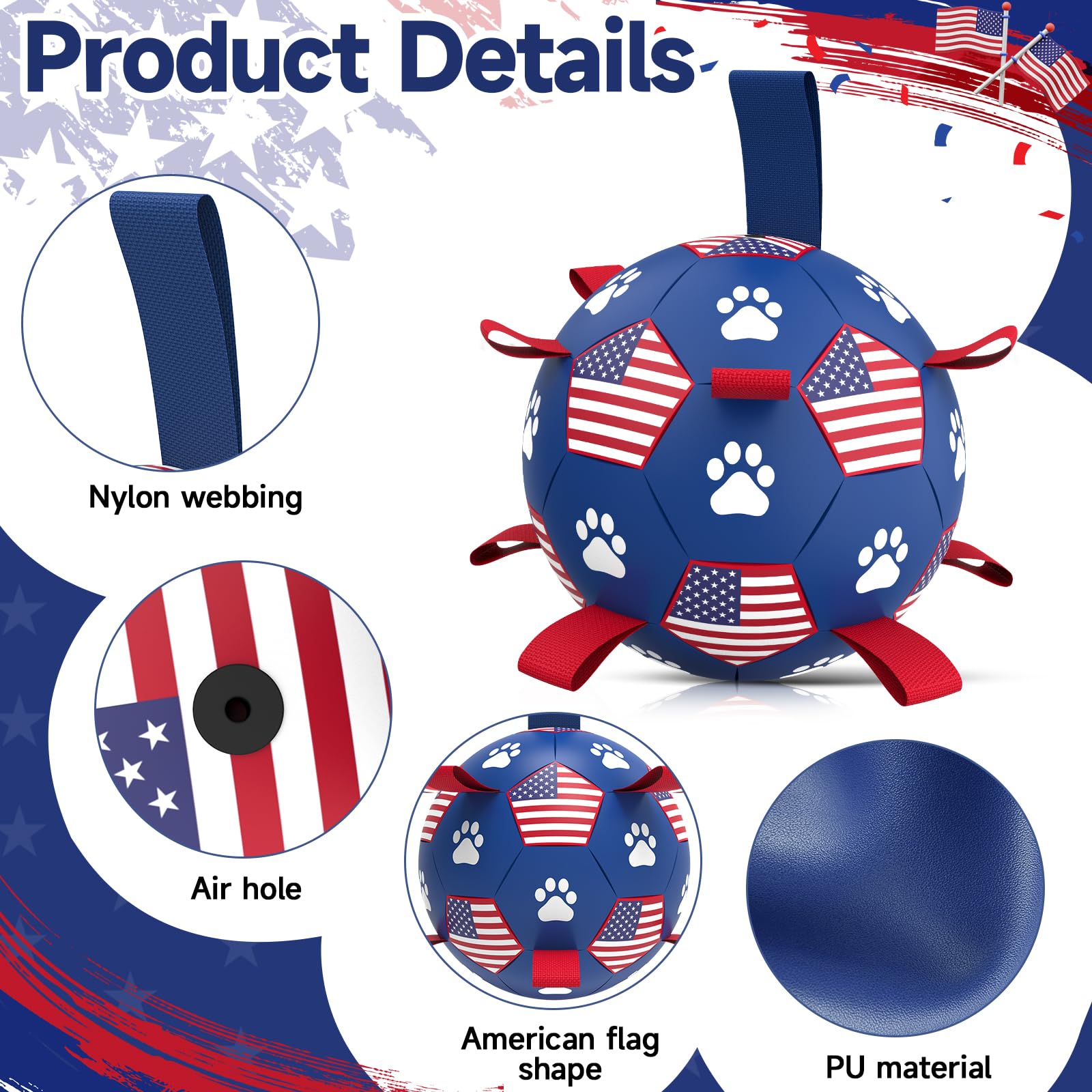 Qdan Dog Toys Soccer Ball With Straps - Durable Dog Balls For Extra Large Dogs, Beach Pool Dog Water Toy, Puppy Dog Birthday Gifts, Herding Balls For Dog (9 Inch), American Flag
