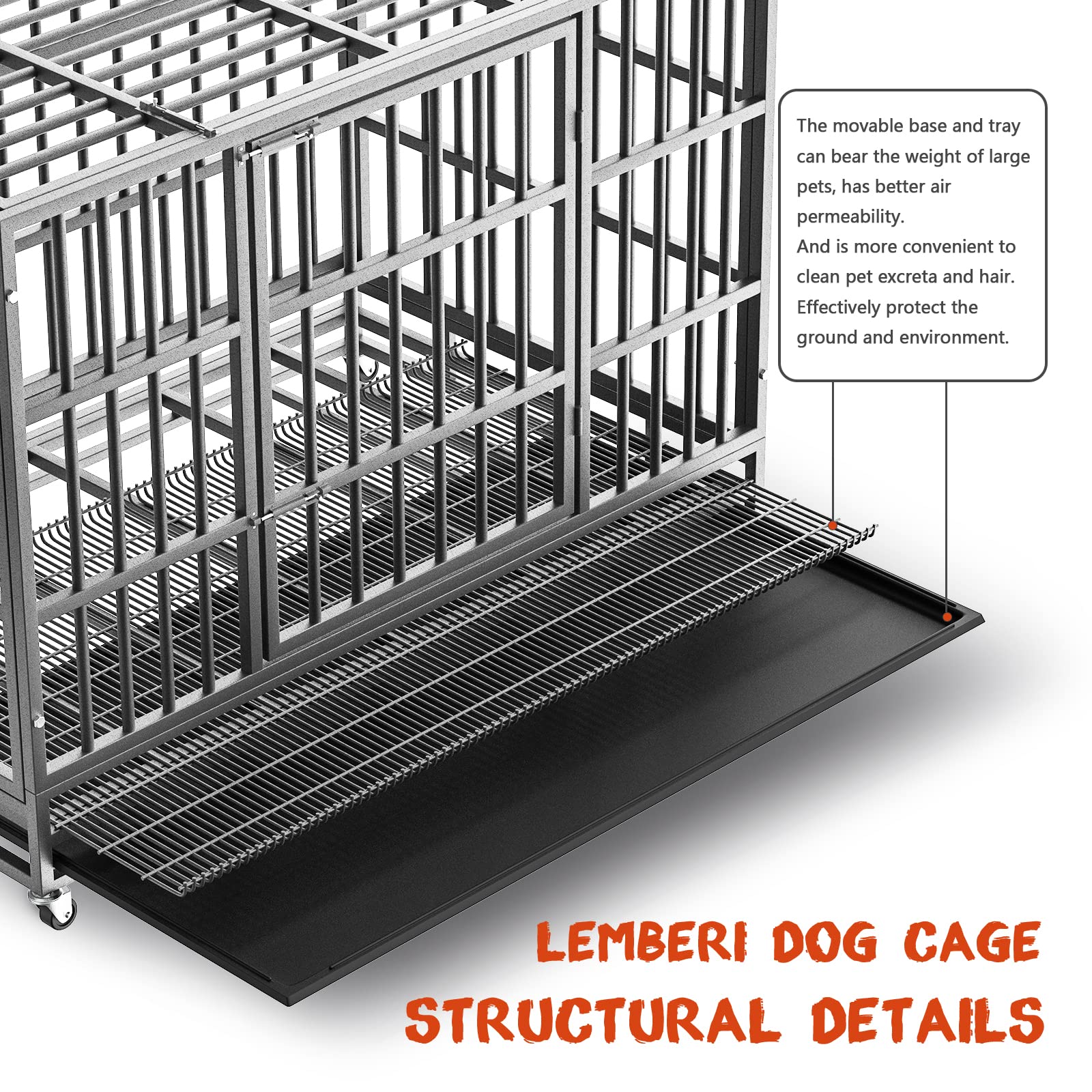 LEMBERI Heavy Duty Indestructible Dog Crate, 48/38 Inch, Escape Proof, Alloy Steel, Silver, Double Door, Lockable Wheels