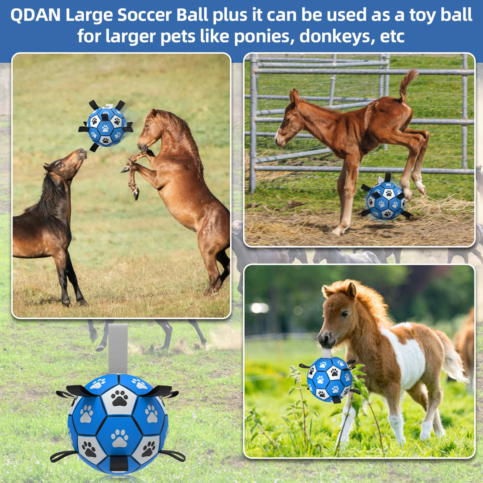 QDAN Extra Large Dog Soccer Ball - Durable Polyurethane, Dark Blue, 9 Inch, Outdoor Toy with Straps for Large Dogs
