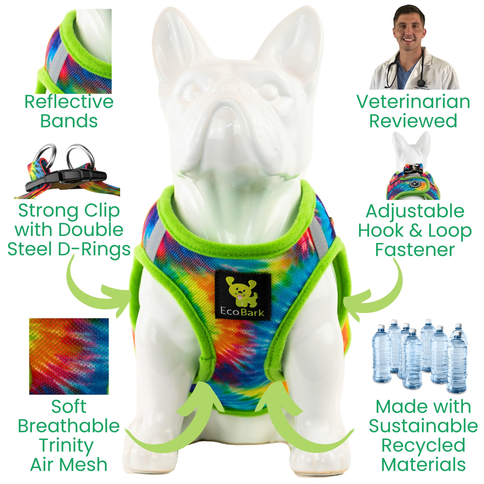 EcoBark Step in Dog Harness - Soft Mesh, No Pull, Reflective, XS, Tie-Dye