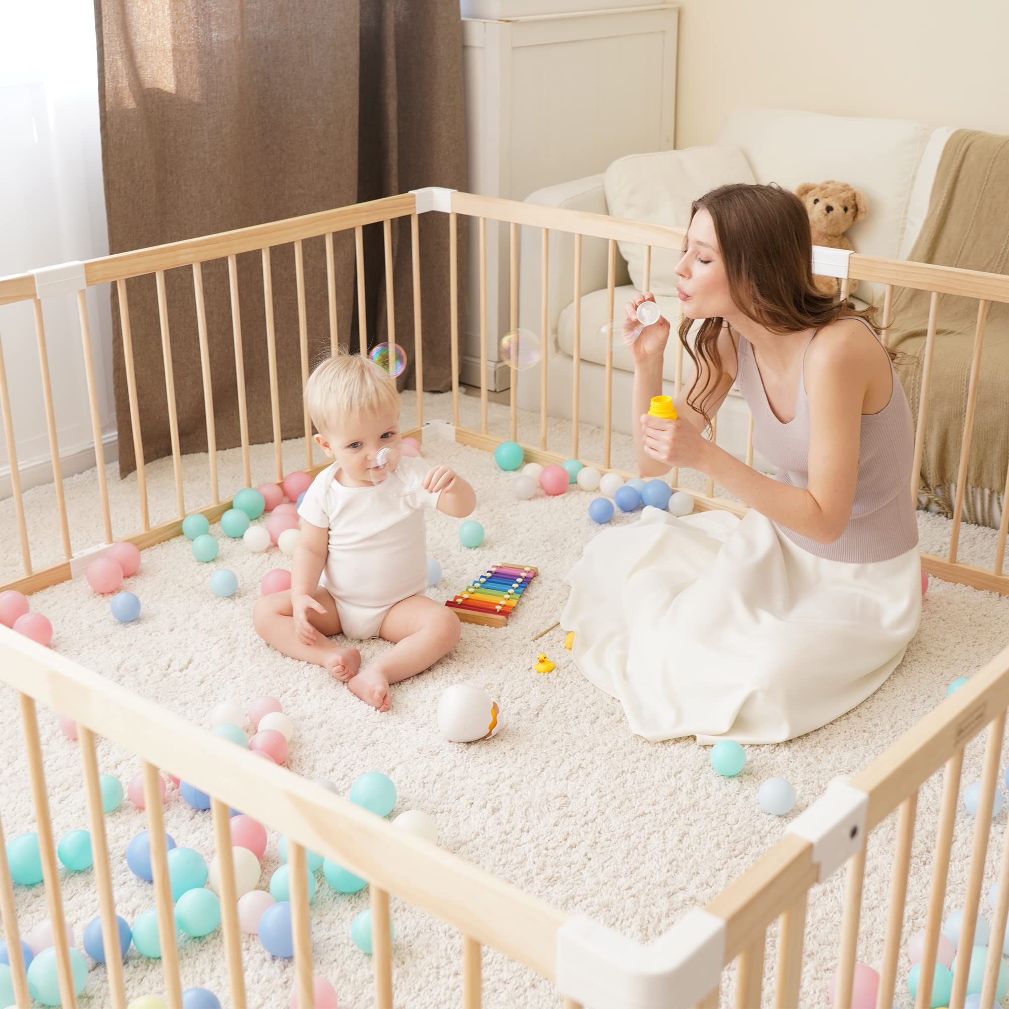 GGF Wooden Baby Playpen -63 * 47 * 24 in, Large Wood Gate Playpen for Babies and Toddlers, Baby Fence Play Yard with Door for Ki