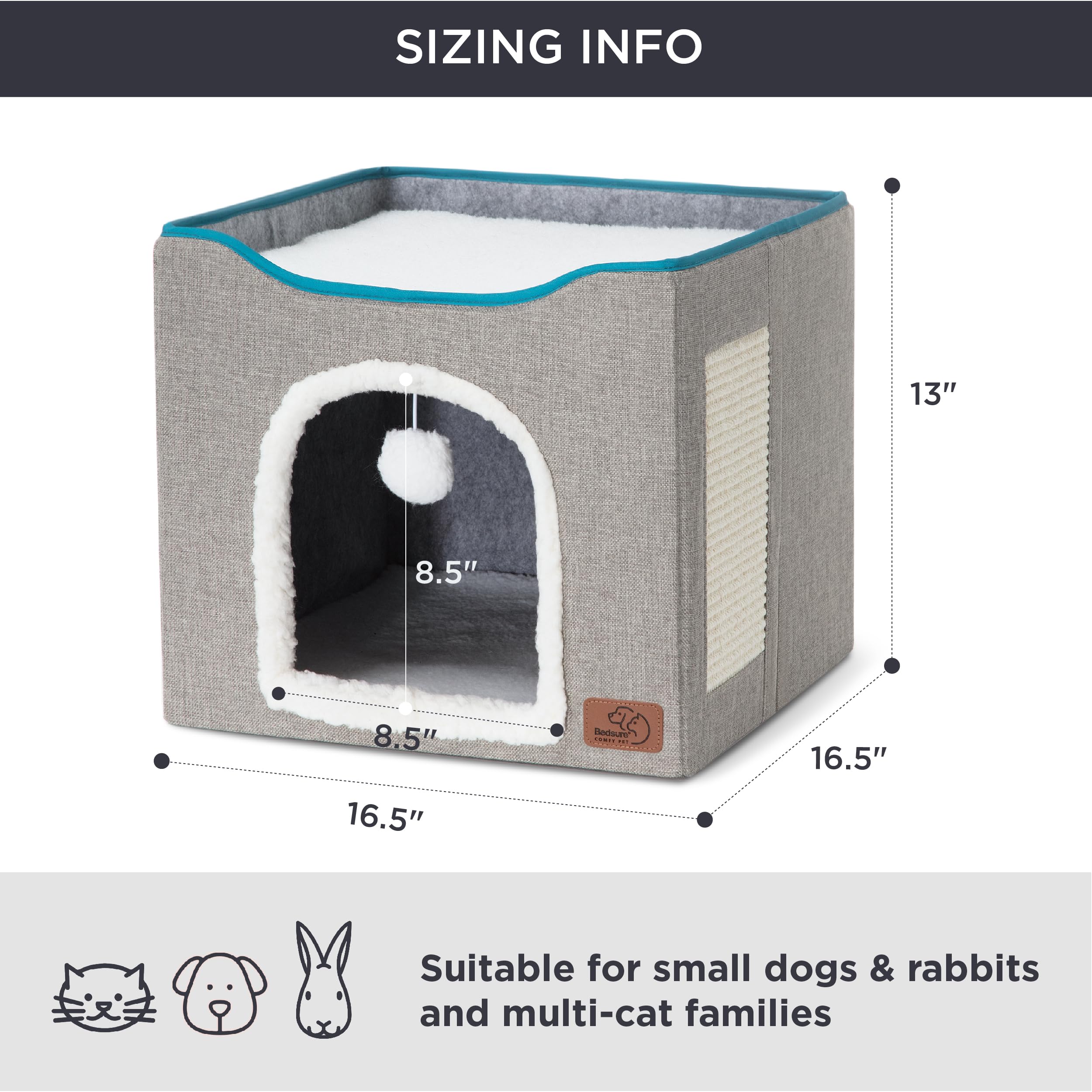 Bedsure Cat Beds For Indoor Cats - Large Cat Cave For Pet Cat House With Fluffy Ball Hanging And Scratch Pad, Foldable Cat Hidea