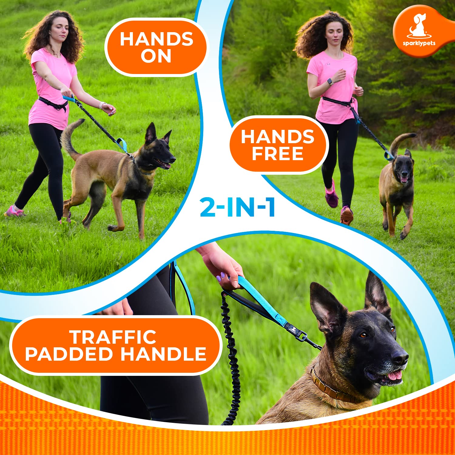 Sparklypets - Hands Free Dog Leash With Reflective Stitches - Waist Leash For Medium & Large Dogs Walking, Hiking, Training, Jog