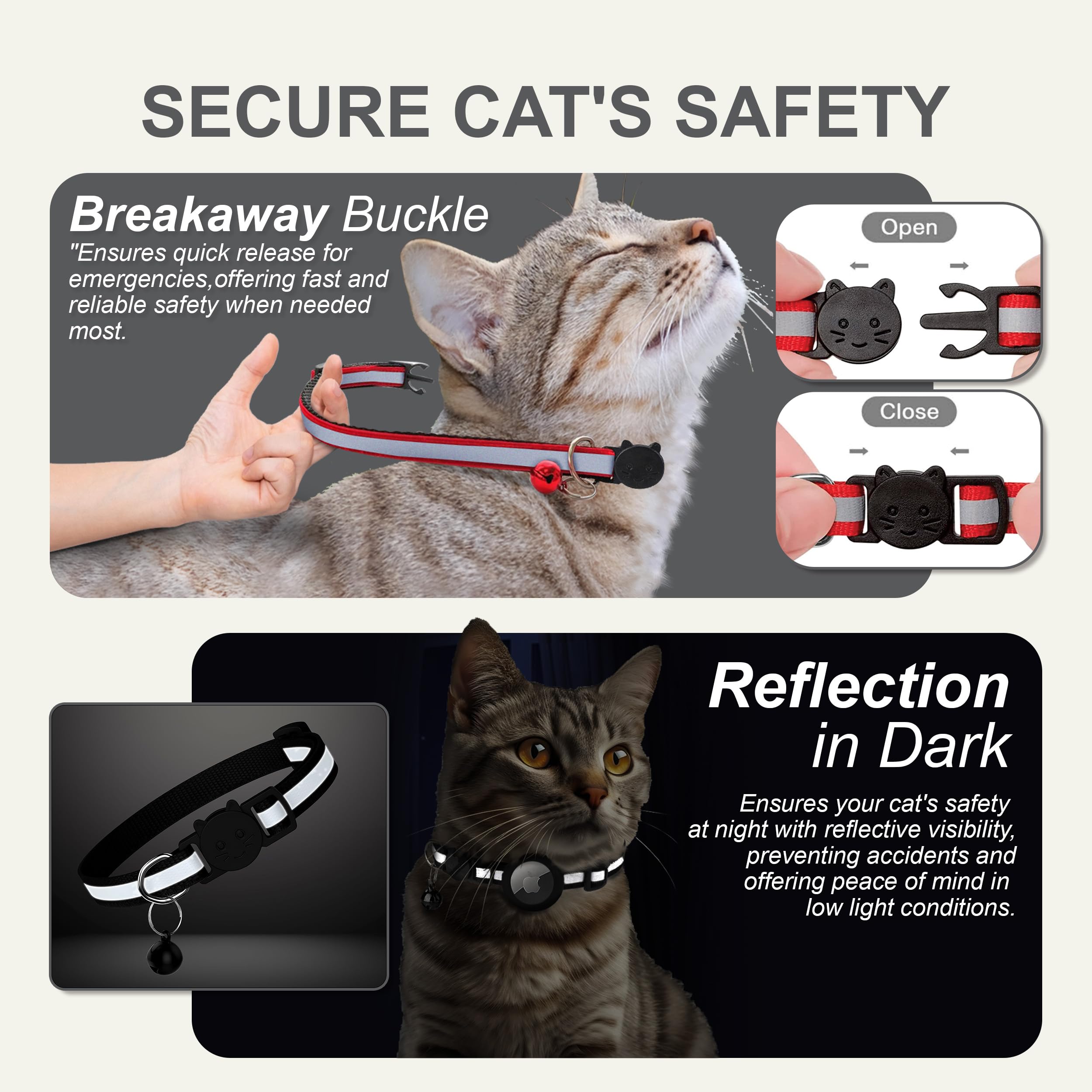 Zease 8 Breakaway Cat Collars With Bells And 2 Waterproof Airtag Holders, Reflective Cat Collar Airtag Holder, Safety Buckle, Ad