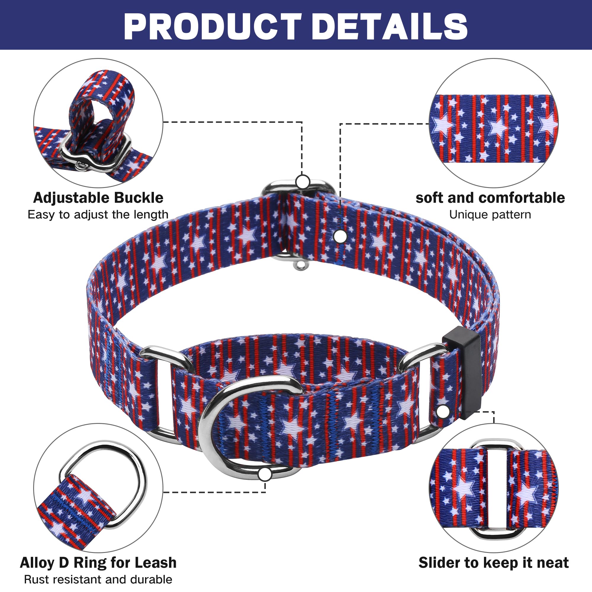 Hikiko American Flag Martingale Collar With No Buckle Soft Nylon Dog Collar For Medium Dogs,Blue Star Stripe,M