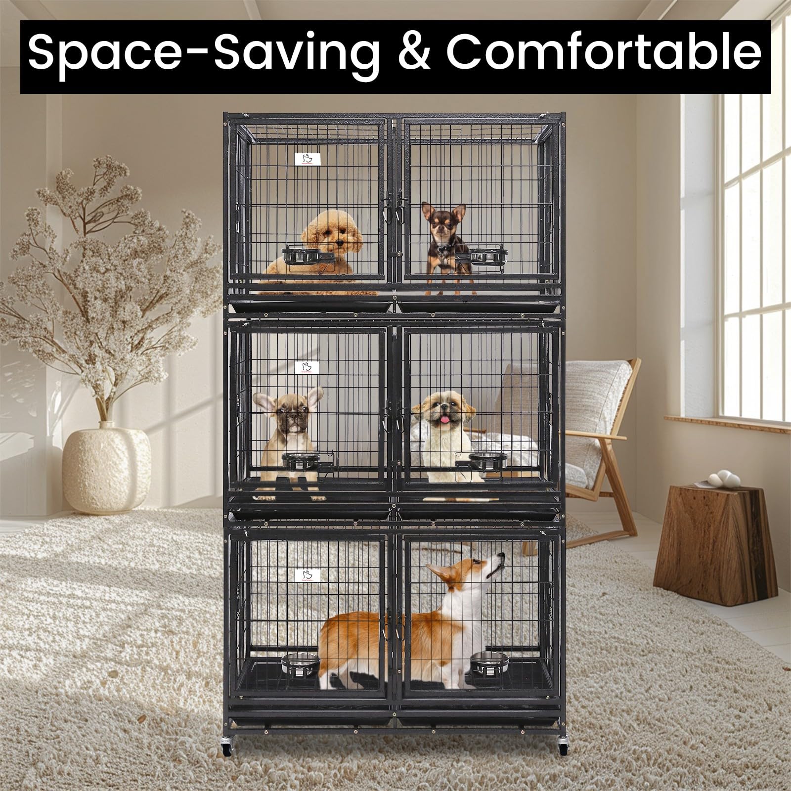 Homey Pet 43 inch Dog Crate 3 Floor Stackable Heavy Duty Dog Kennel Dog Grooming cage with Feeding Doors and Divider, Additional