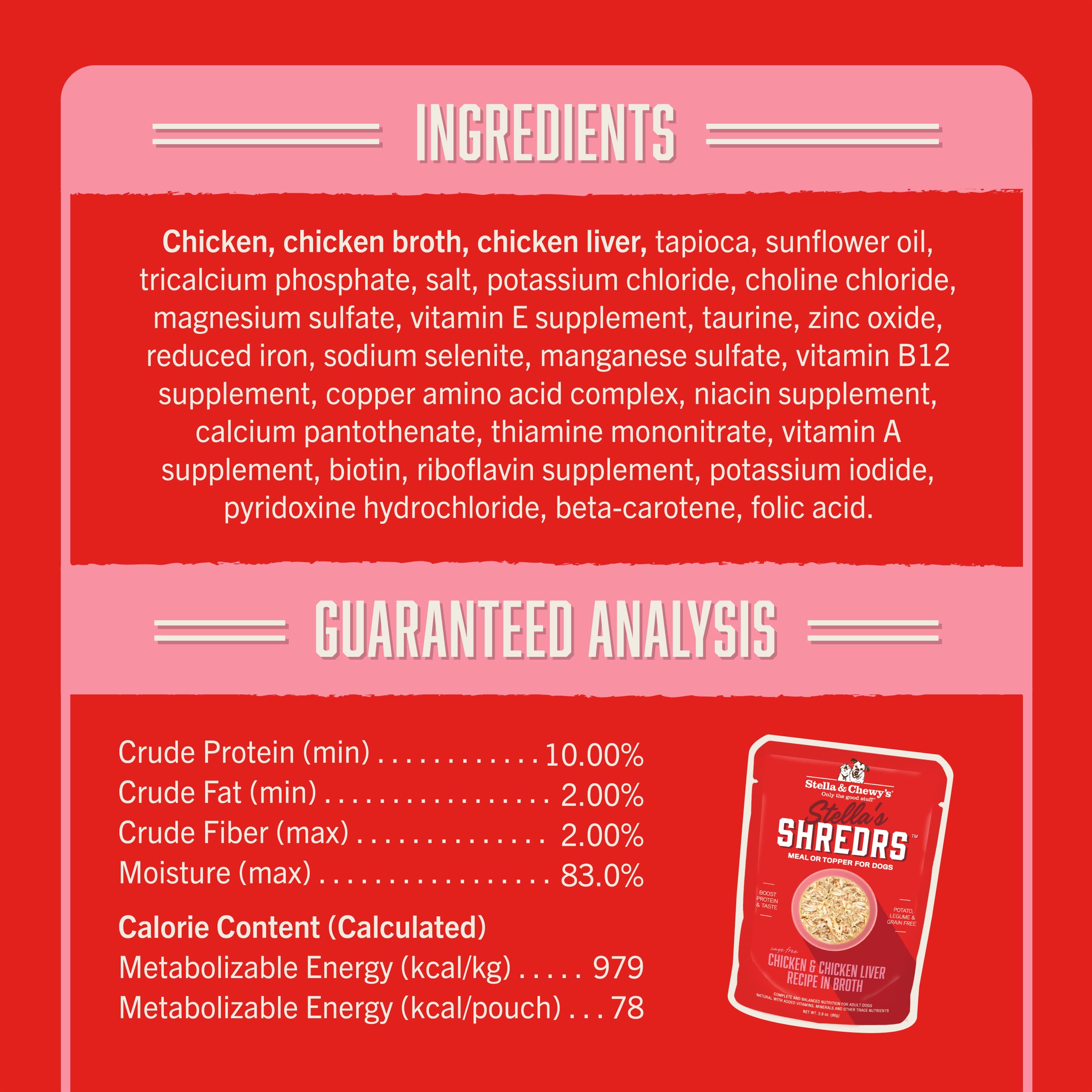 Stella & Chewys Cage Free Chicken & Chicken Liver Shredrs - Premium Dog Food Pouches - Perfect for Picky Eaters - 12 Pack, 2.8o