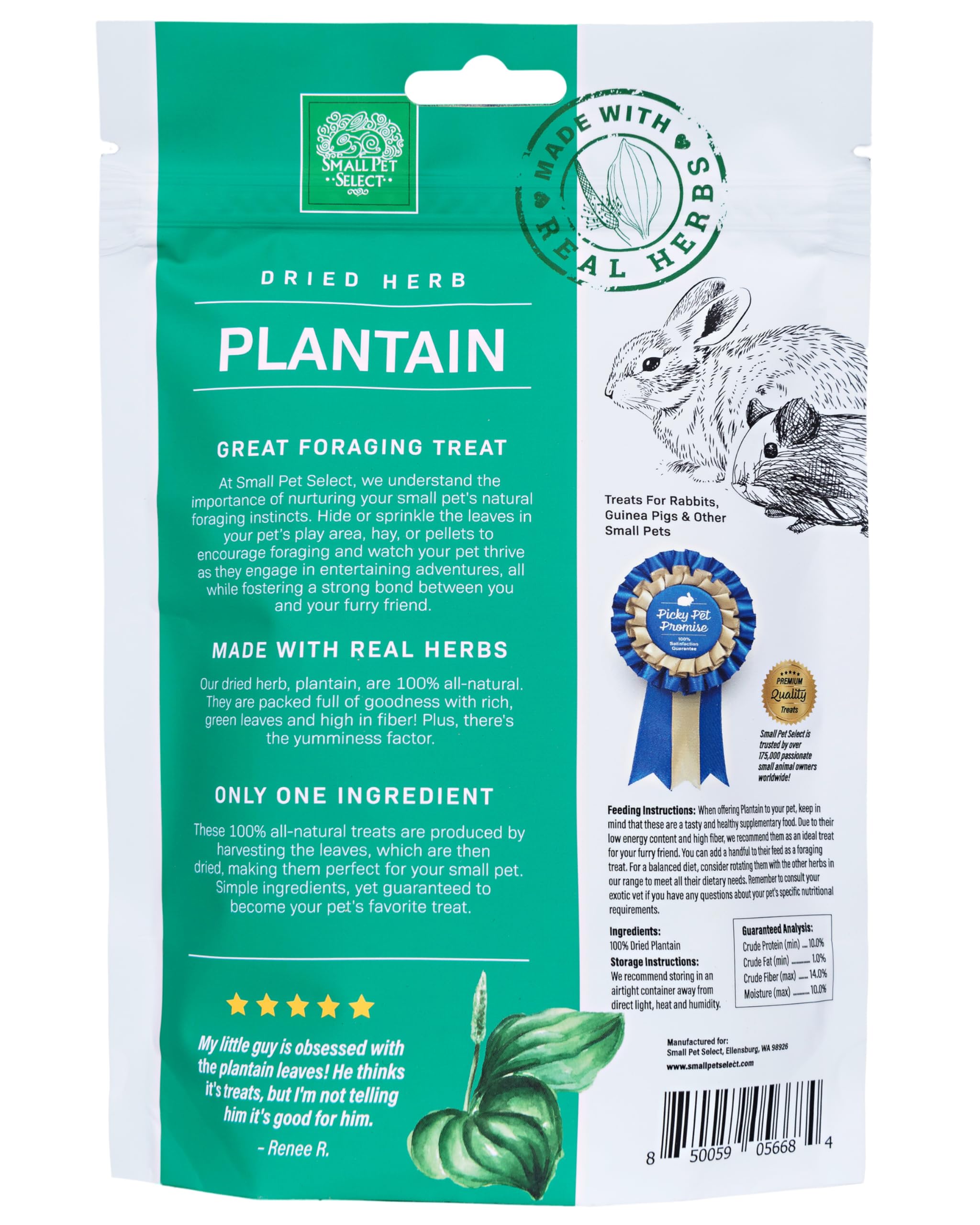 Small Pet Select - Plantain, a Natural Herbal Treat for Adult Rabbits, Guinea Pigs, Hamsters, Gerbils, and Mice, 2oz