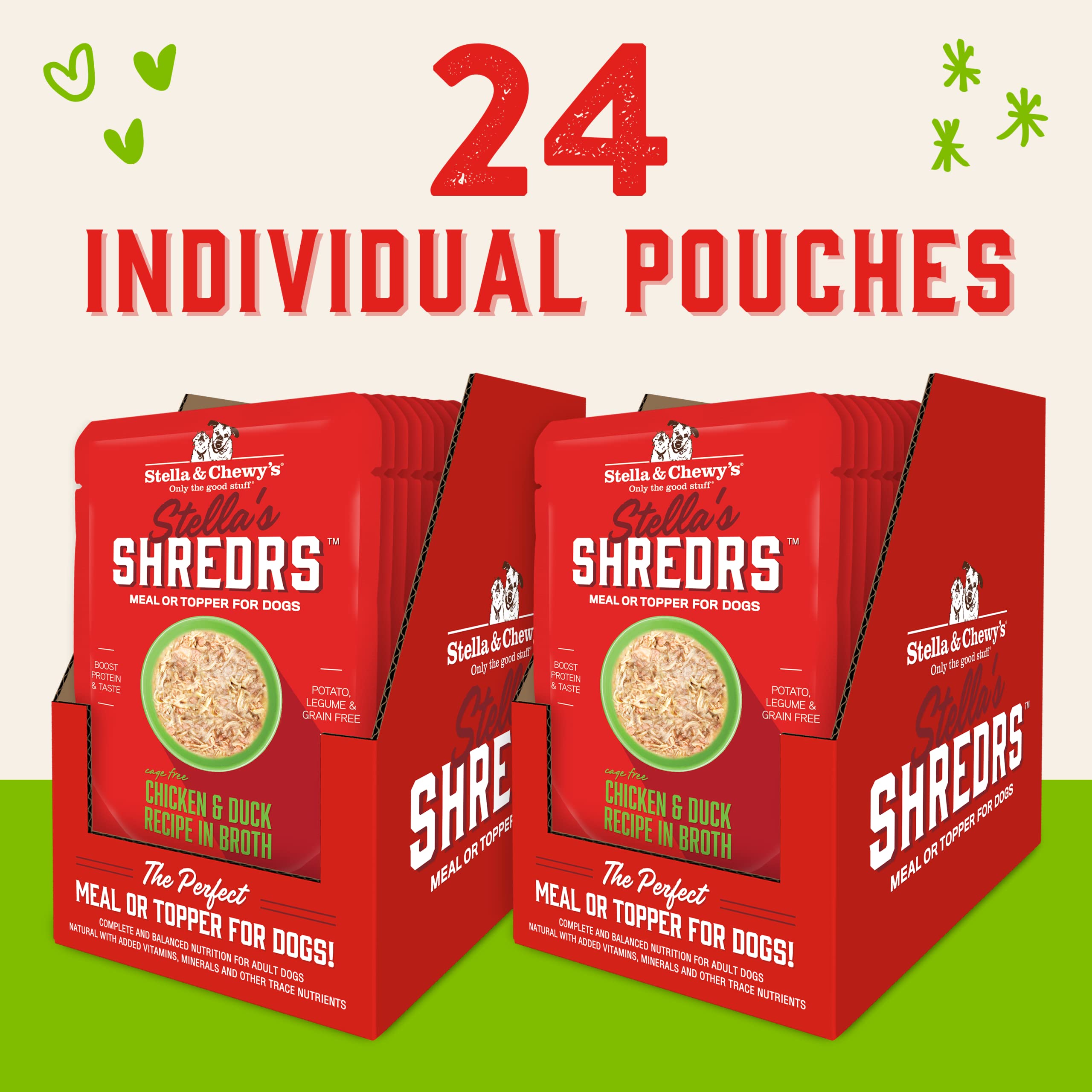 Stella & Chewys Cage Free Chicken & Duck Shredrs - Premium Dog Food Pouches - Perfect For Picky Eaters- 24 Pack, 2.8oz Each