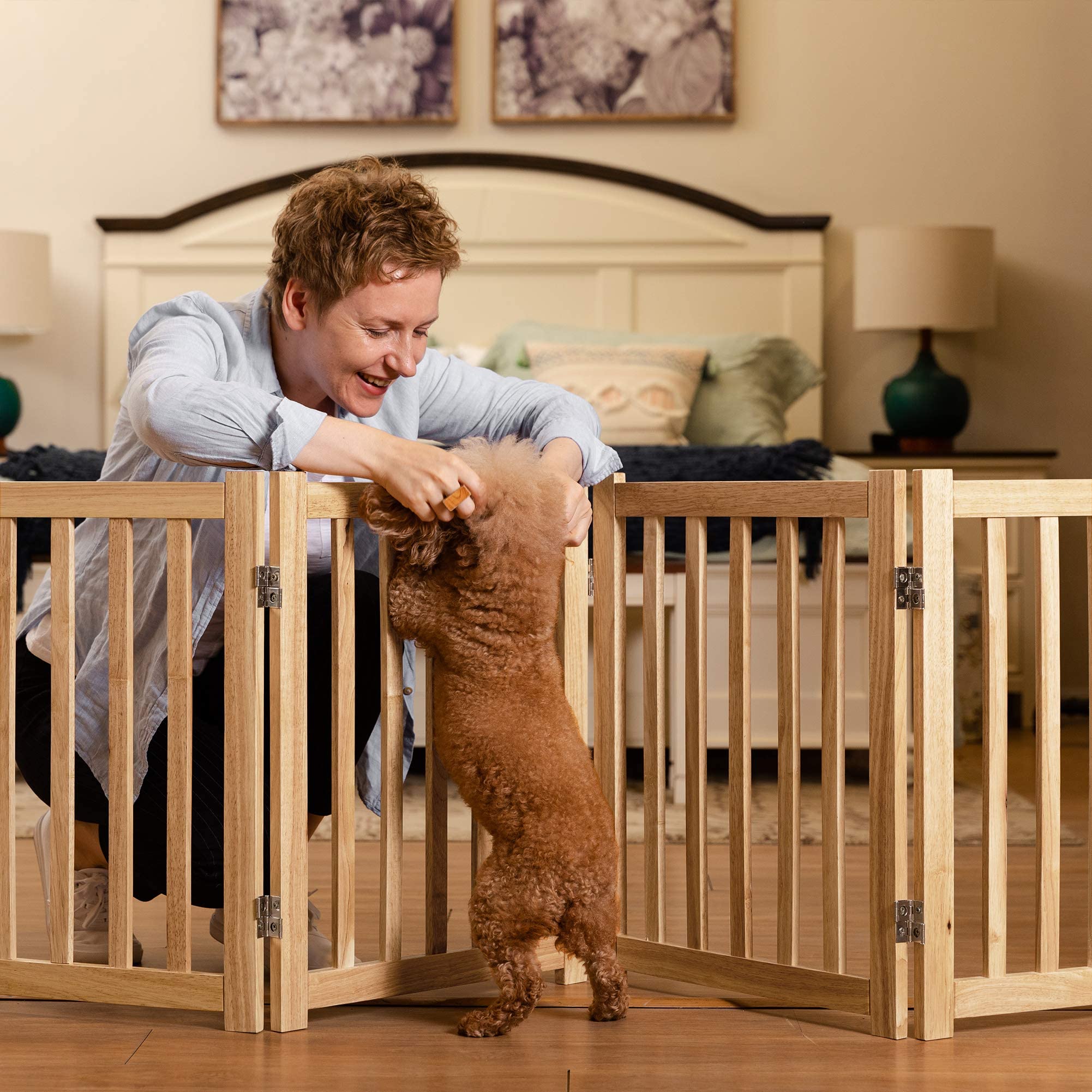 Lzrs Solid Hardwood Freestanding Pet Gate,Wooden Dog Gates For Doorways,Nature Wood Dog Gates For The House,Dog Gate For Stairs,Freestanding Indoor Gate Safety Fence,Natural,24' Height-4 Panels
