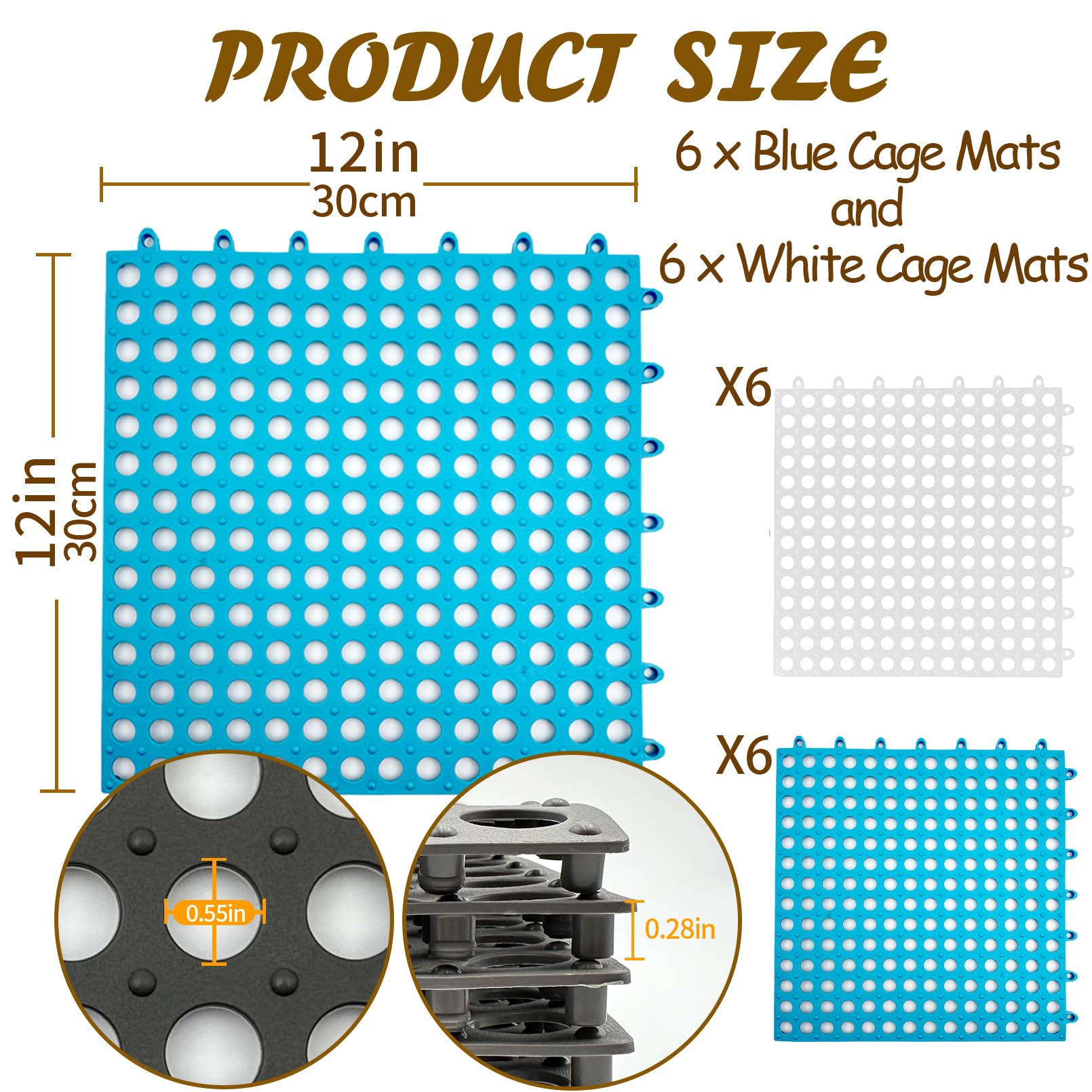 Niwaes Rabbit Cage Mat - 12 Pcs Plastic Bunny Pads, 12x12, 6 Blue & 6 White, Easy to Cut for Chinchilla, Ferret, Guinea Pig