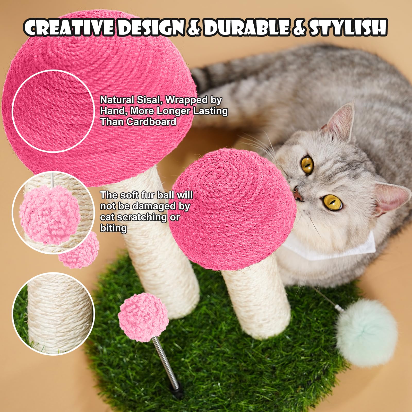 Odoland Cat Scratching Post Mushroom Natural Sisal Board Scratcher for Kitten Health and Good Behavior, Furniture Scratch Deterr