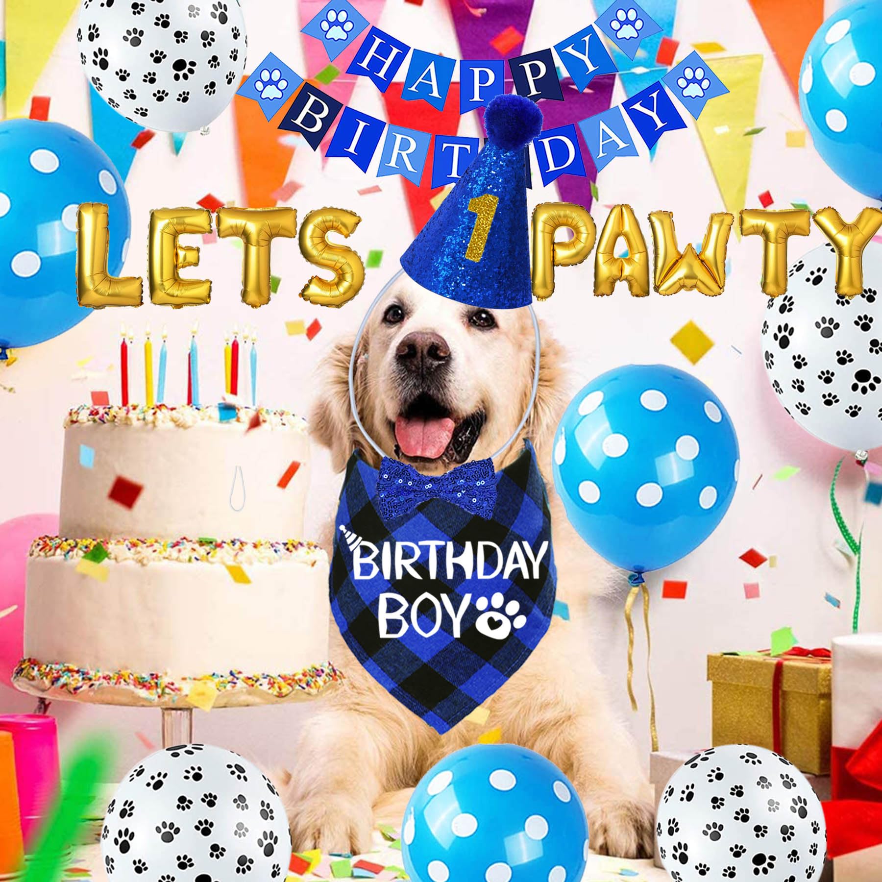 Stmk Dog Bandana & Boy Dog Hat Set With Numbers Bow Tie Birthday Banner, 'Let'S Pawty' Balloons - X-Large, Blue
