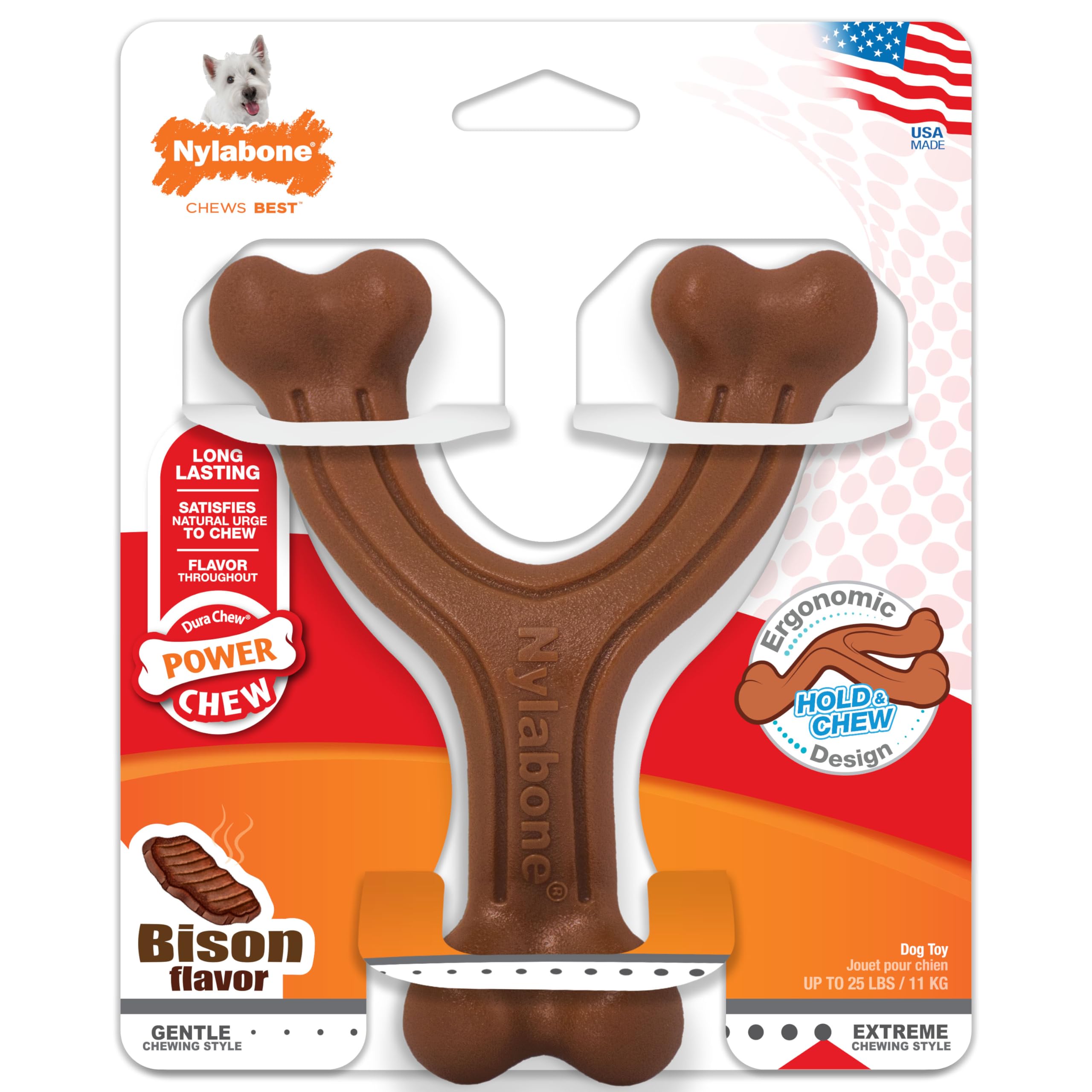 Nylabone Ergonomic Hold Wishbone Power Chew Toy for Dogs, Dog Toys for Aggressive Chewers, Bison Flavor, Small - Up to 25 Ibs, 1