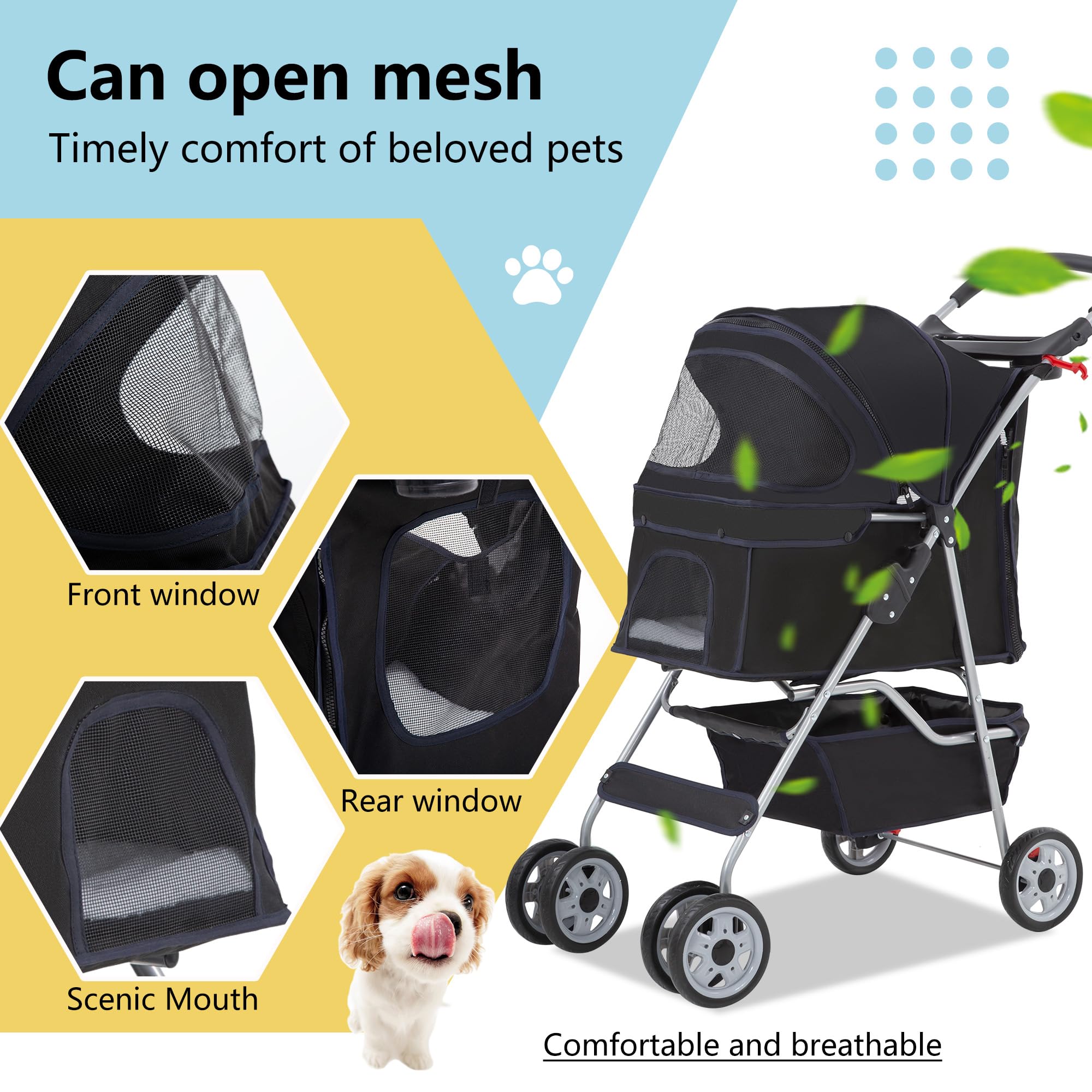 FDW Pet Stroller 4-Wheel Dog Cat Stroller Travel Folding Carrier with Cup Holder and Removable Liner for Small Medium Dogs Cats,
