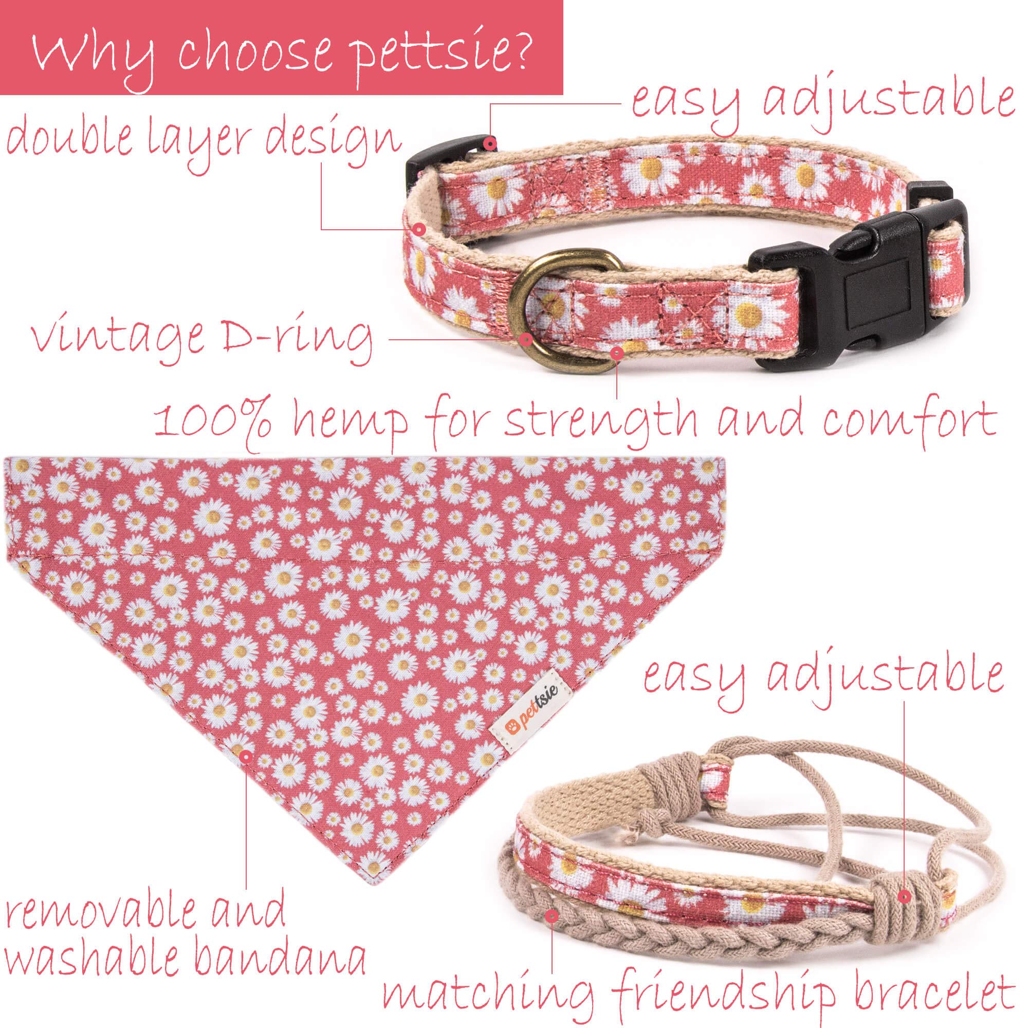 Pettsie Matching Dog Collar, Bandana, Friendship Bracelet, Durable Hemp, 3 Adjustable Sizes, Comfortable And Soft For Sensitive Skin, Carton Box, Strong D-Ring For Easy Leash Attachment, S, Pink