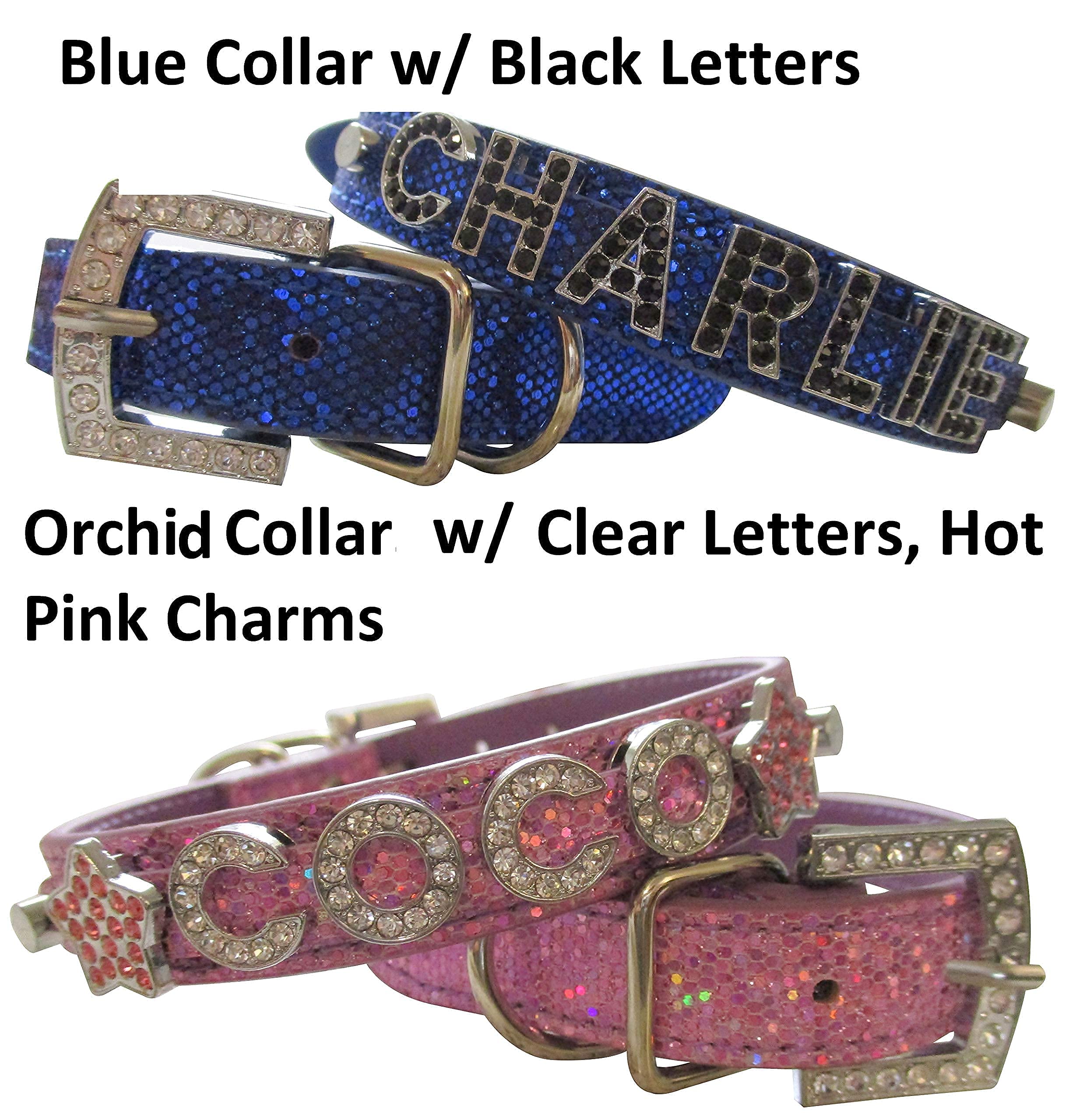 Bling Stuff For Fun, Personalized Customized Pu Leather Glitter Rhinestone Bling Name Collar For Dogs & Puppies, S, M, L