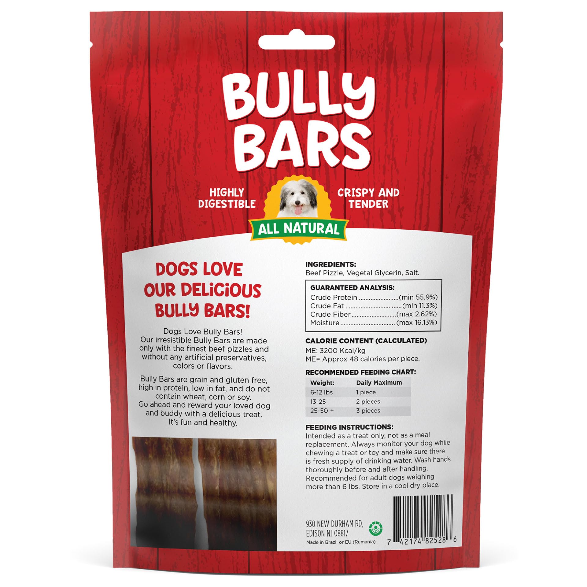 All Natural 4 Inch Bully Bars | Made with Beef Pizzle | Highly Digestible Dog Chew | Crispy & Tender Dog Treats - 7.07 Ounces
