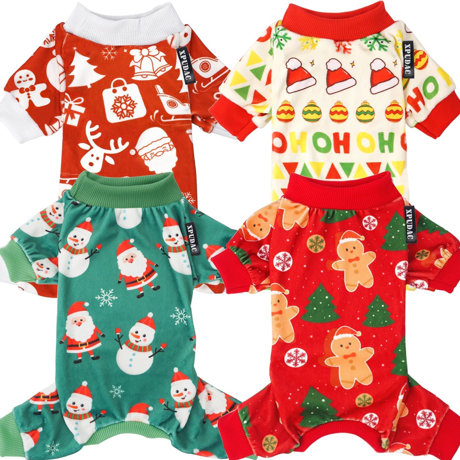Xpudac 4 Piece Dog Christmas Pajamas Santa Pet Dog Clothes Cute Snowman Dog Pajamas Costumes For Small Dogs Red Green Small