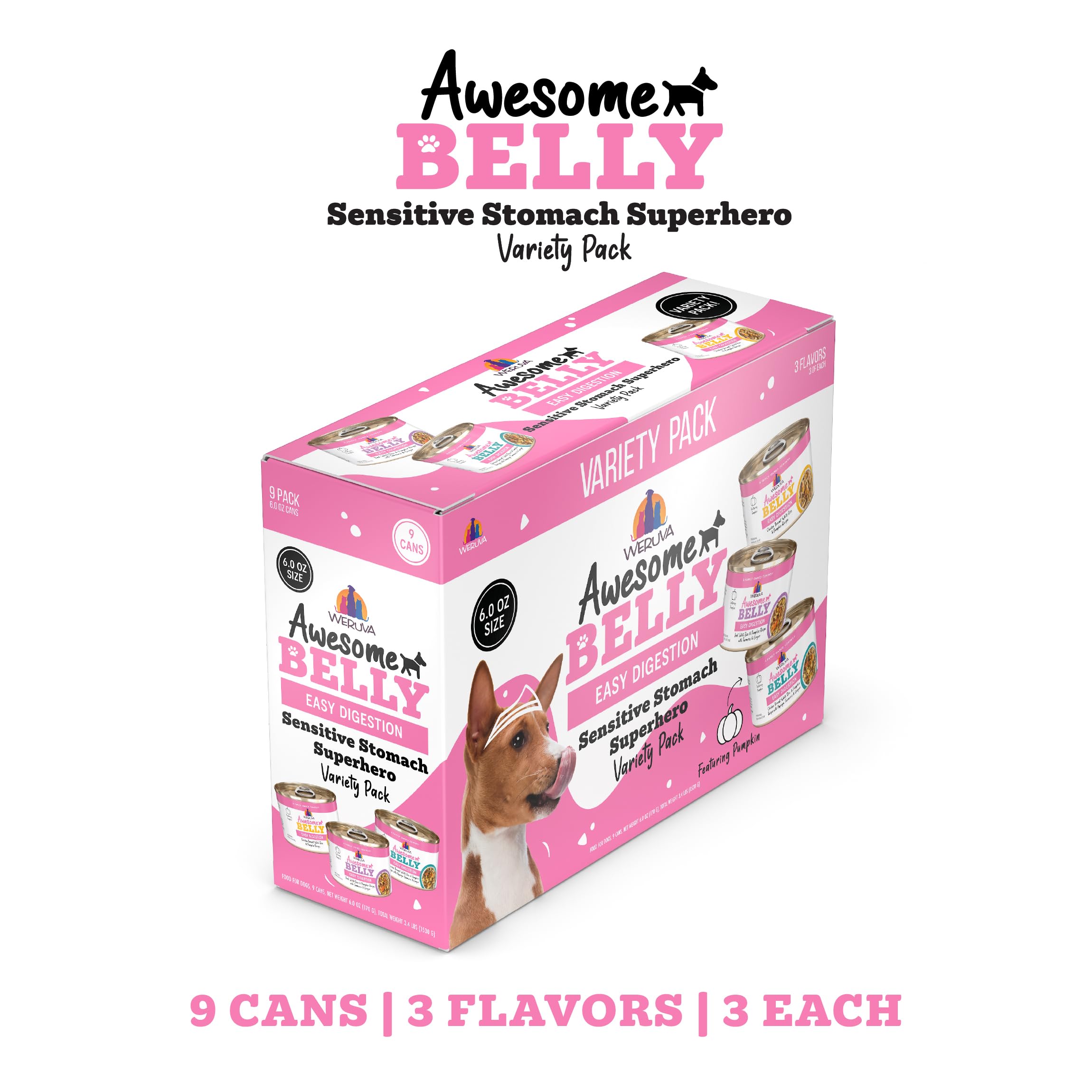 Weruva Awesome Belly Wet Dog Food, Sensitive Stomach Superhero Variety Pack, 6oz Can (Pack of 9)